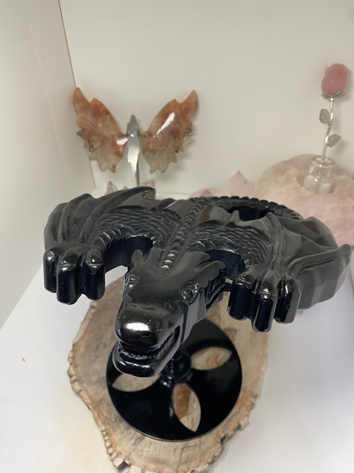 Large obsidian Dragon crystal spinning stand