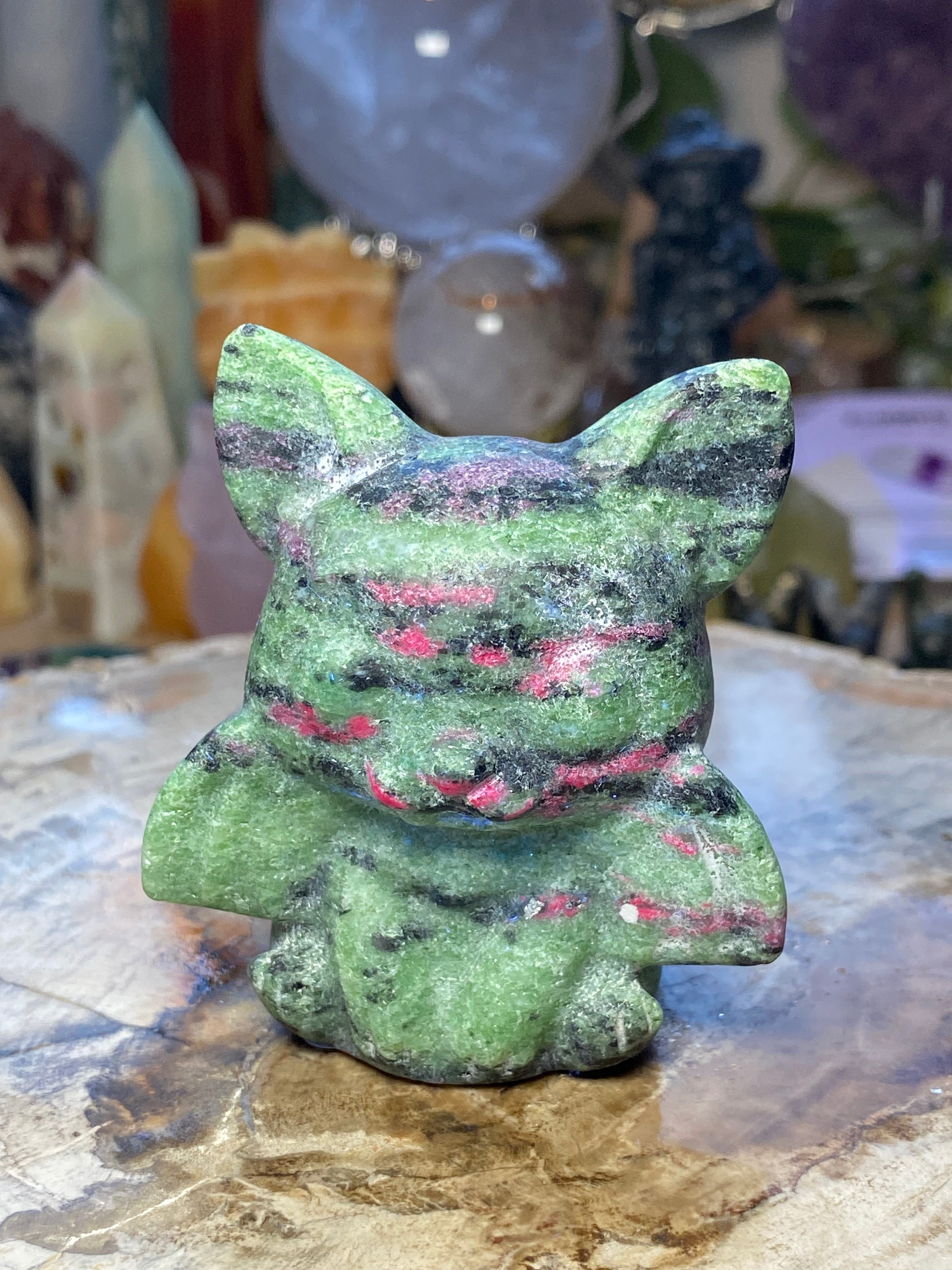 Ruby in zoisite crystal bat carving - Halloween