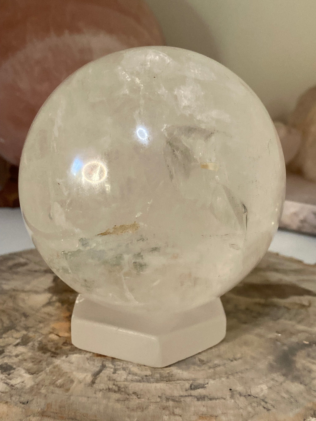 Large clear quartz crystal sphere with Garden