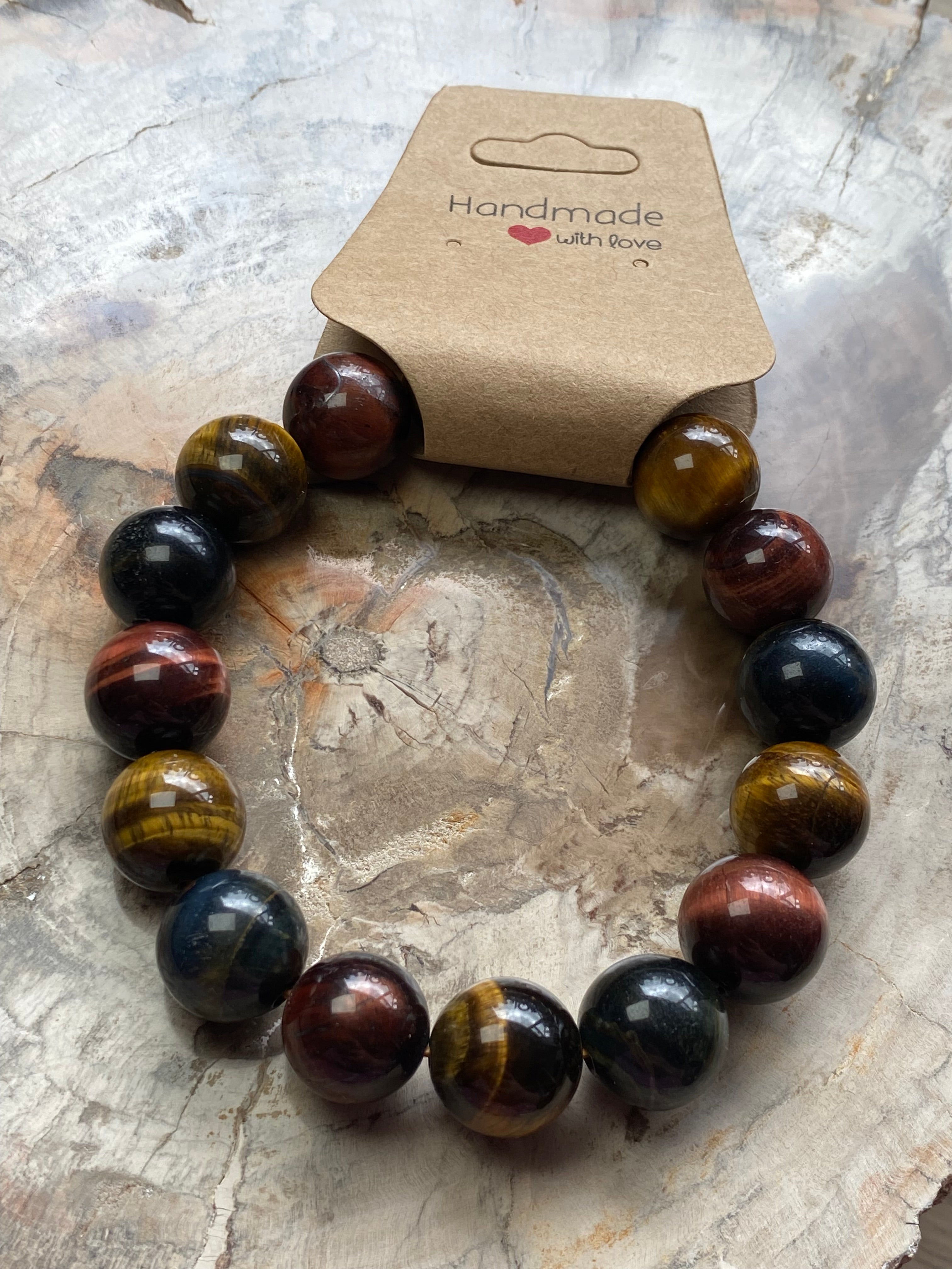 Red yellow and blue tigers eye crystal bracelet 12mm
