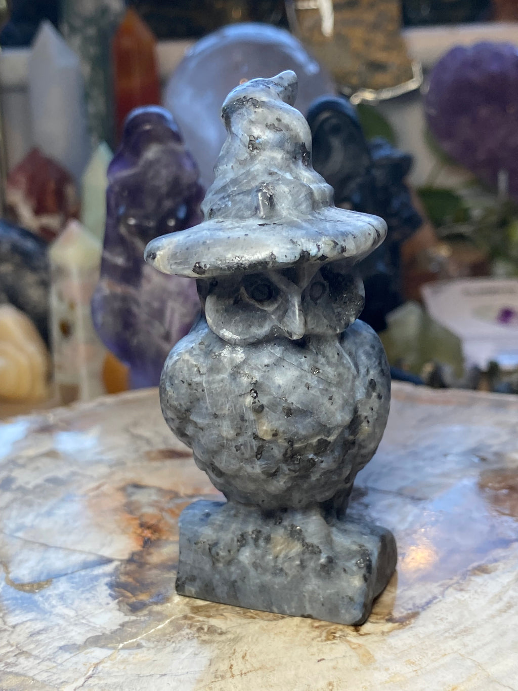 Larvakite crystal witch owl carving -Halloween