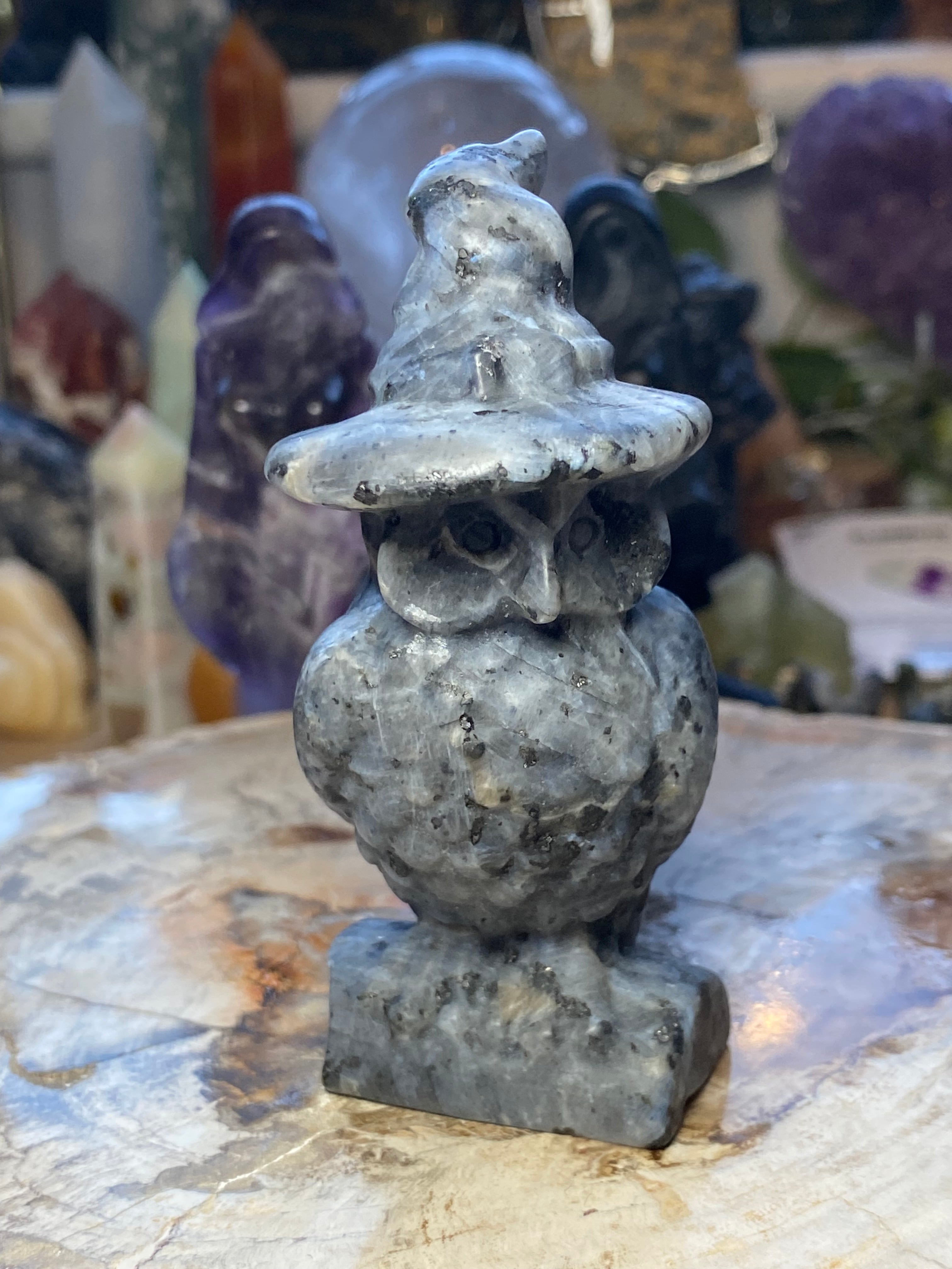 Larvakite crystal witch owl carving -Halloween