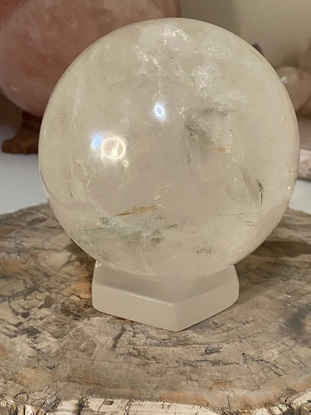 Large clear quartz crystal sphere with Garden