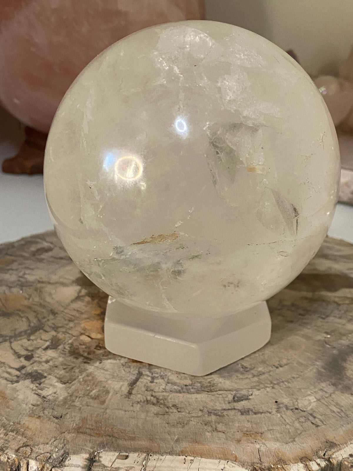 Large clear quartz crystal sphere with Garden
