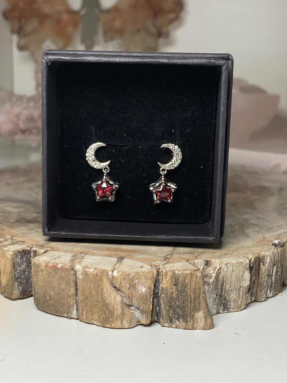 Garnet star and moon Silver Earings