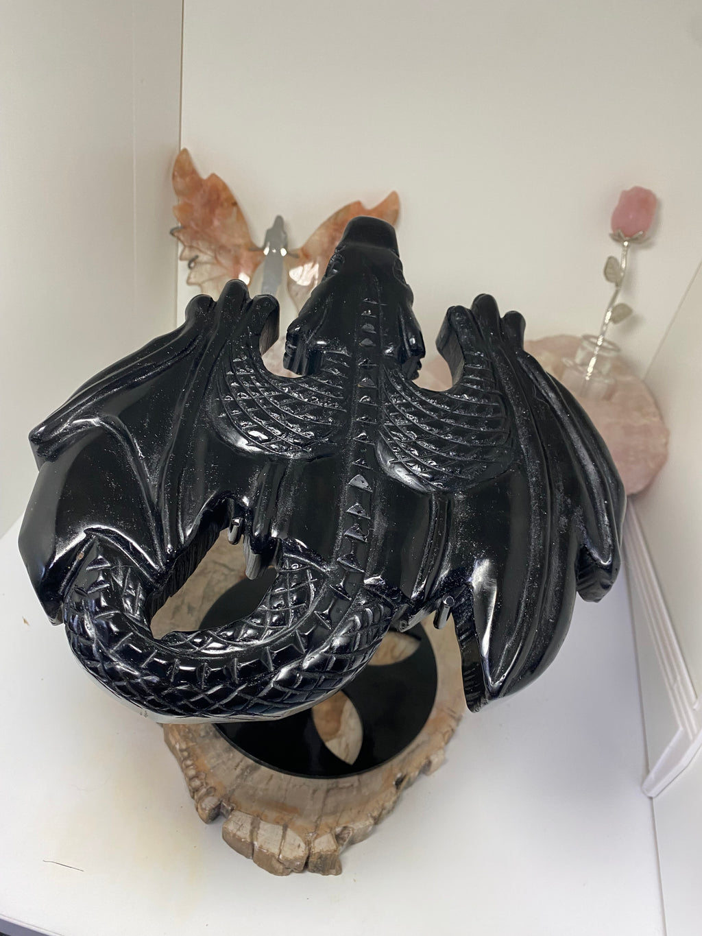 Large obsidian Dragon crystal spinning stand