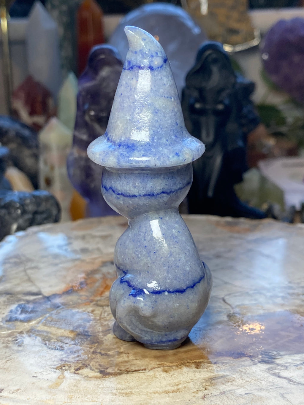 Blue Aventurine crystal witch cat carving - Halloween