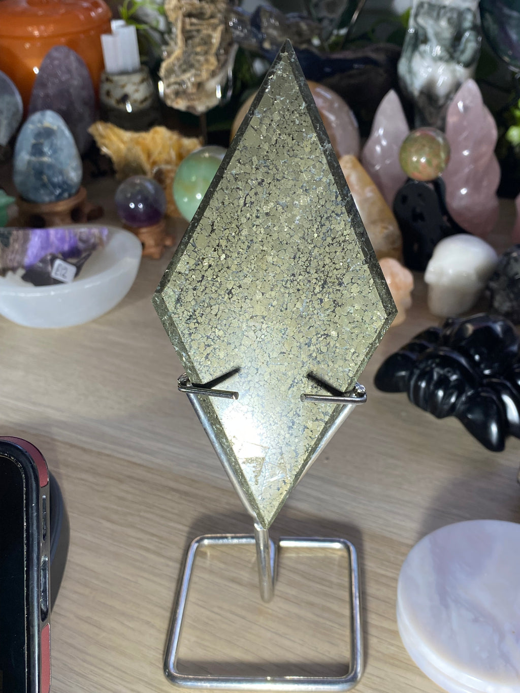 Large pyrite Crystal rhombus with stand