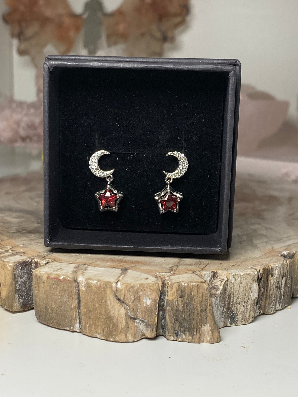 Garnet star and moon Silver Earings