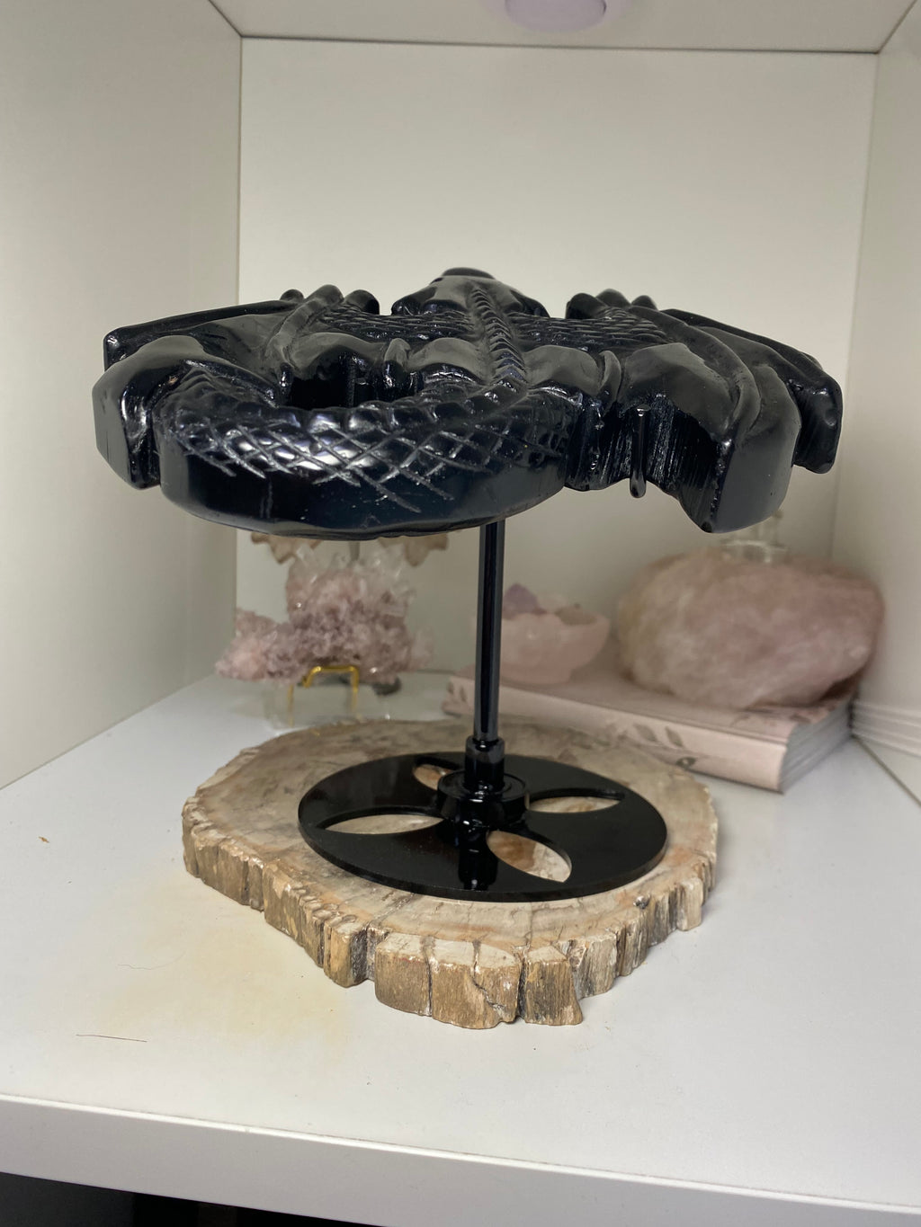 Large obsidian Dragon crystal spinning stand
