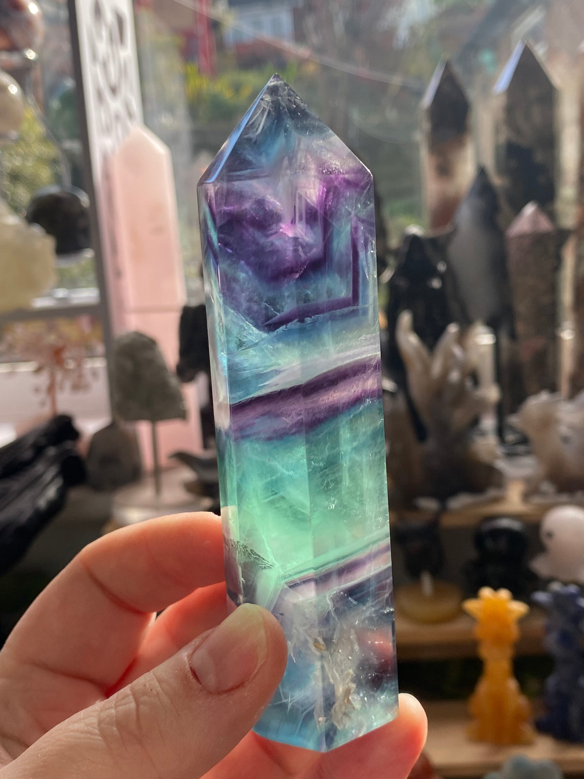Rainbow fluorite crystal tower