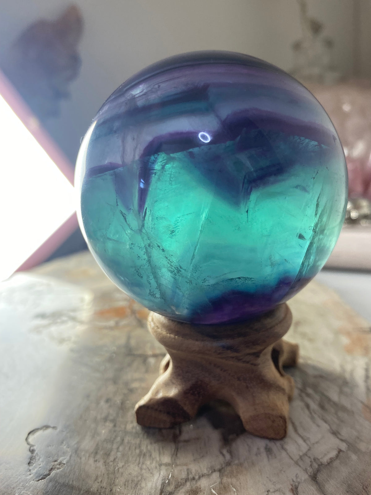 Rainbow fluorite crystal sphere