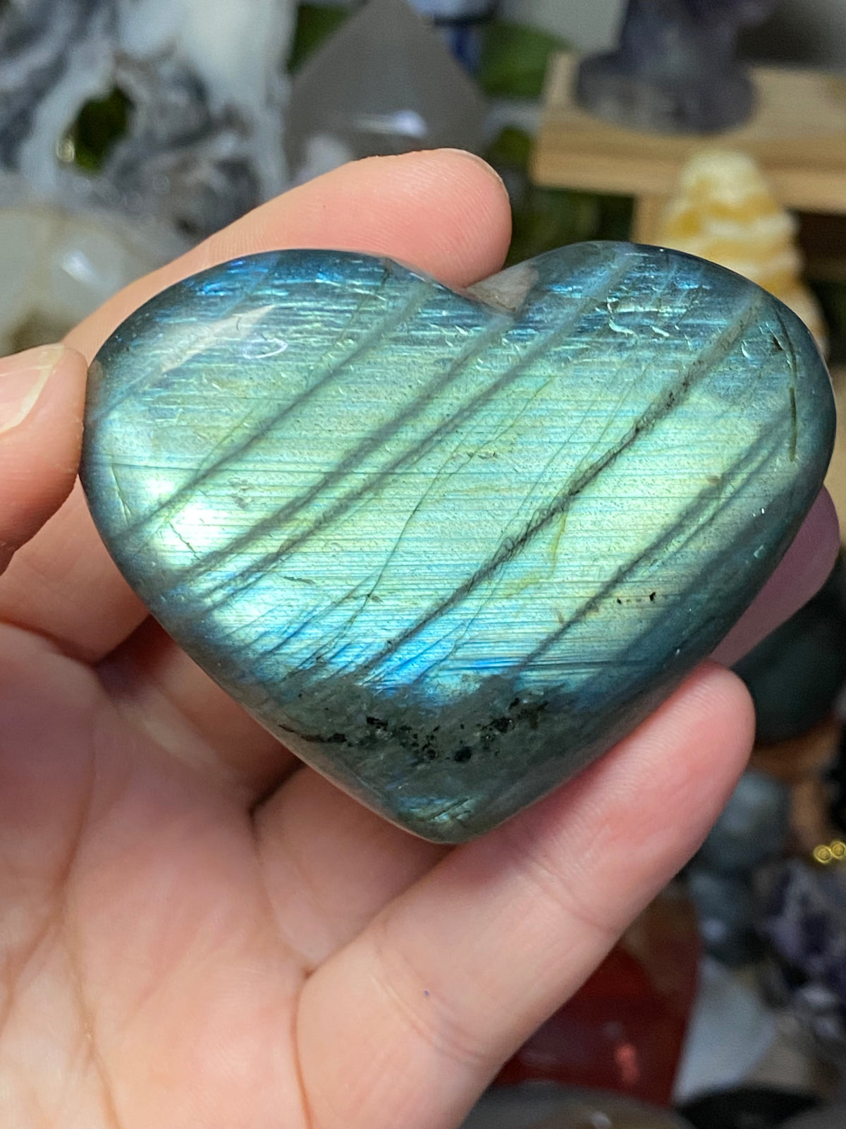 Labradorite crystal heart carving blue flash