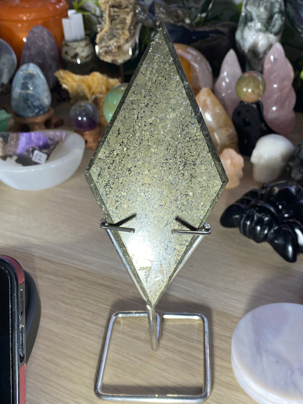 Large pyrite Crystal rhombus with stand