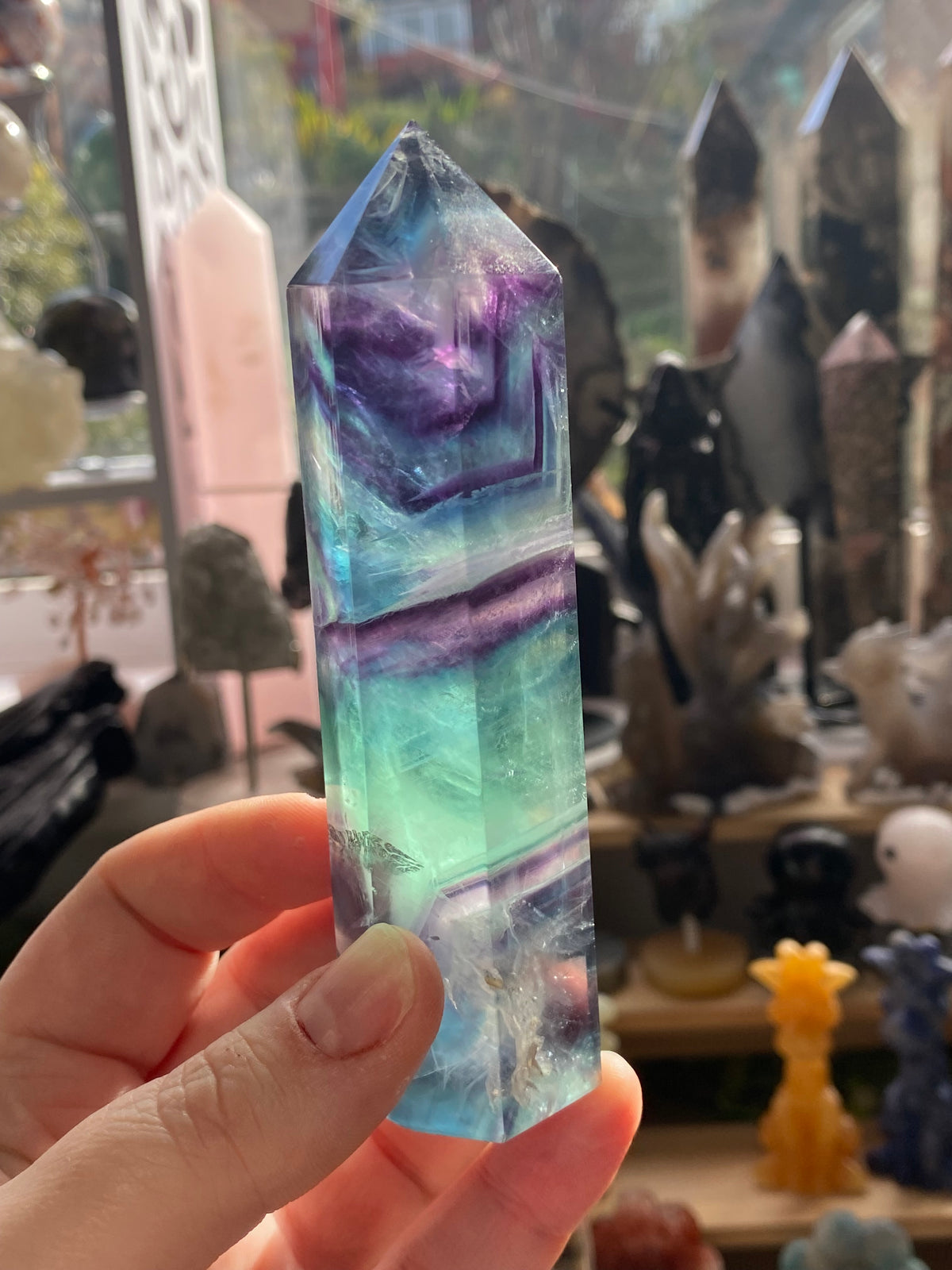 Rainbow fluorite crystal tower