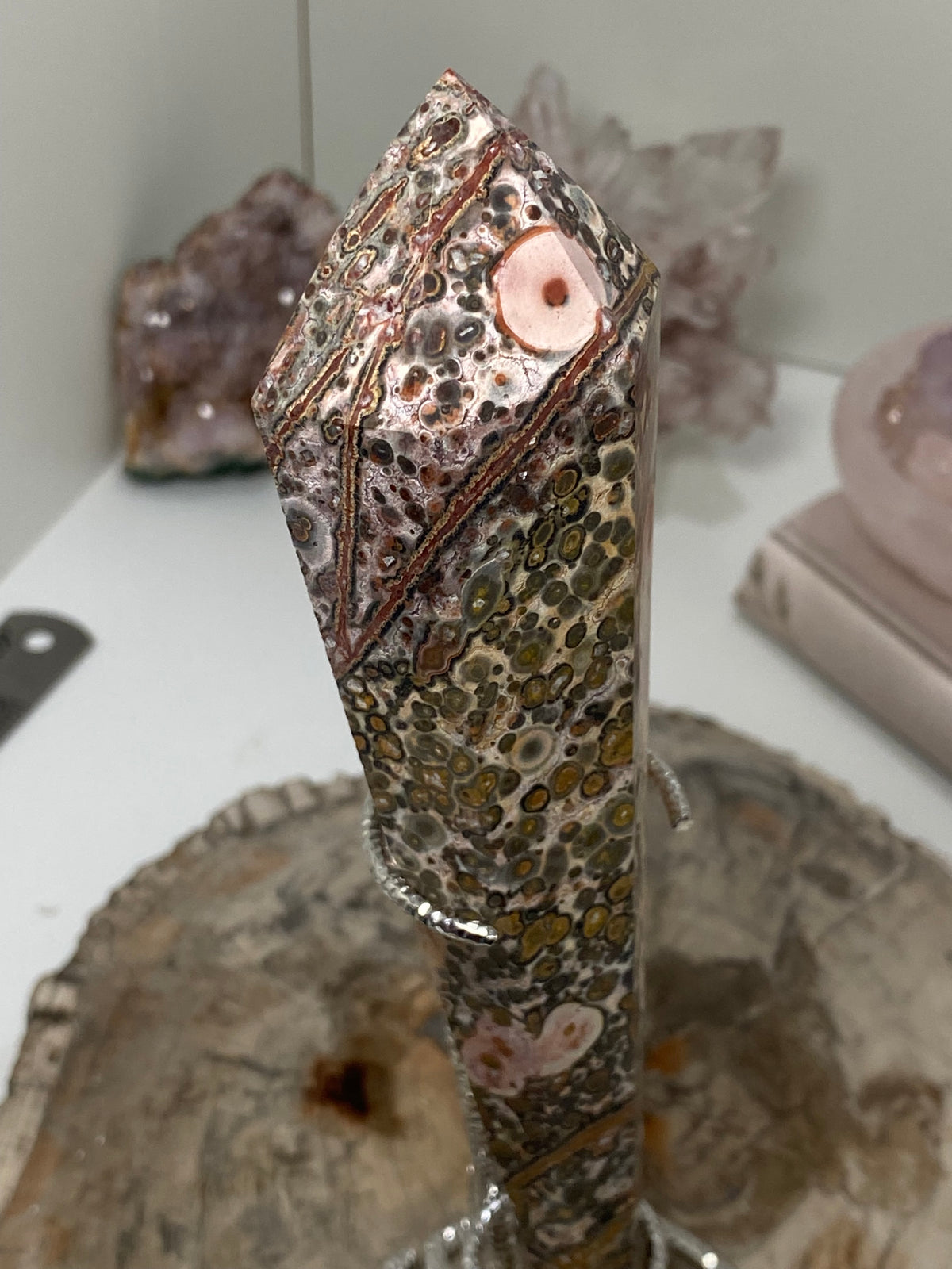 Leopard jasper crystal wand with stand