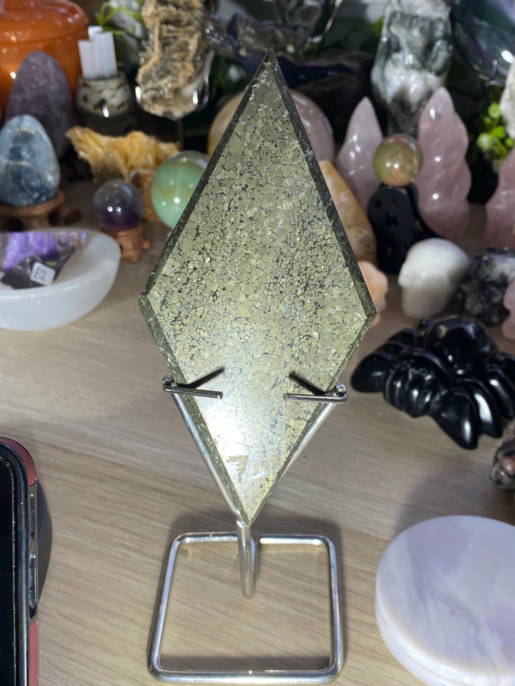 Large pyrite Crystal rhombus with stand