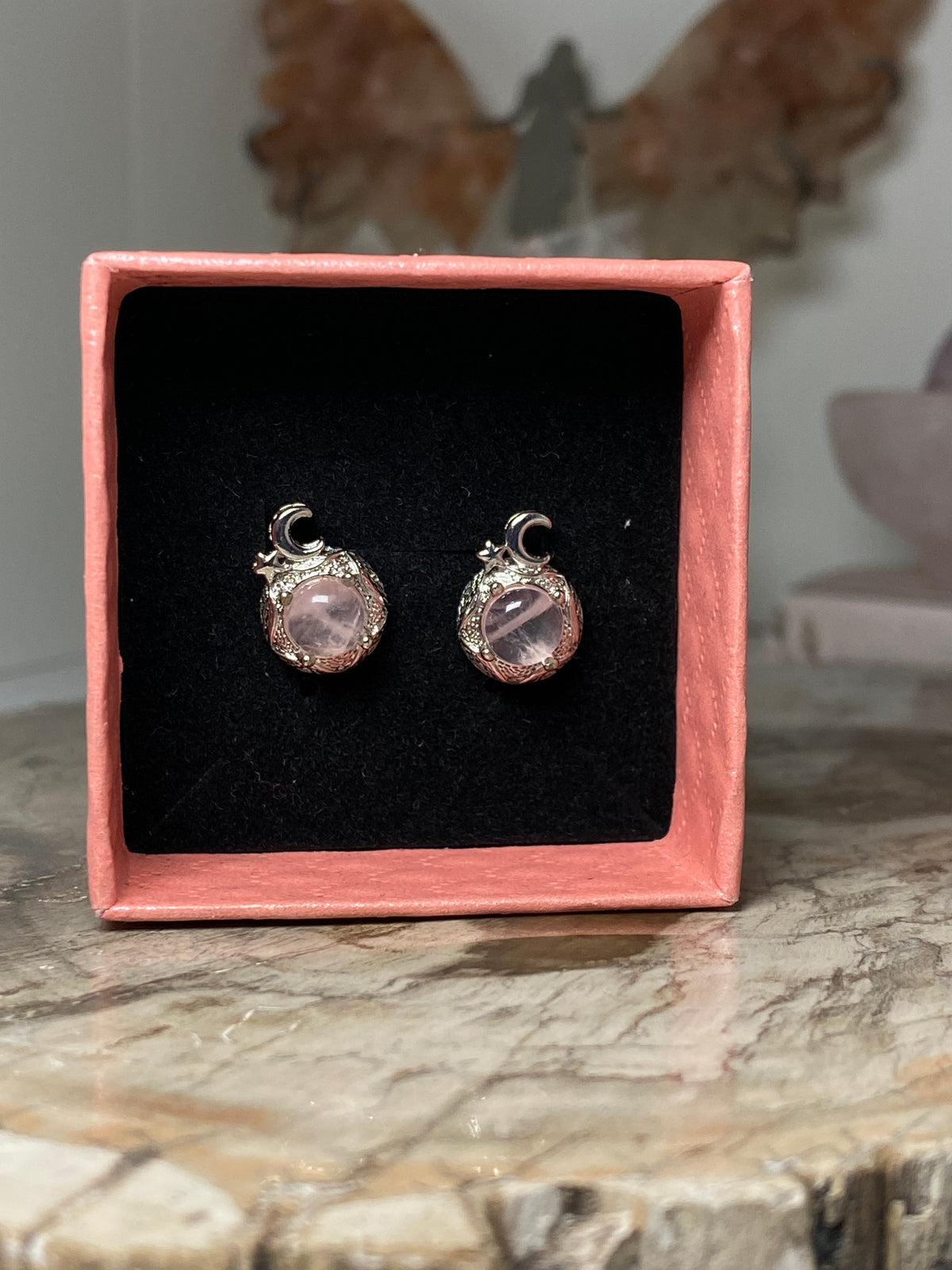 Rose quartz crystal stud  earrings  with moon and star