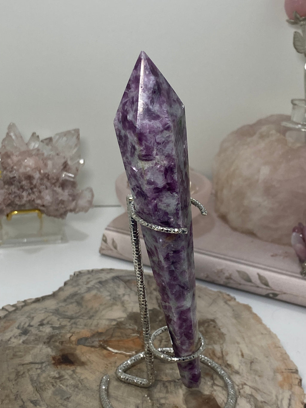 Purple mica crystal wand with stand