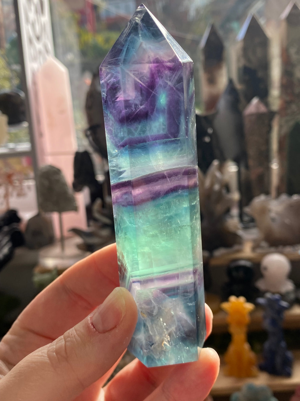 Rainbow fluorite crystal tower