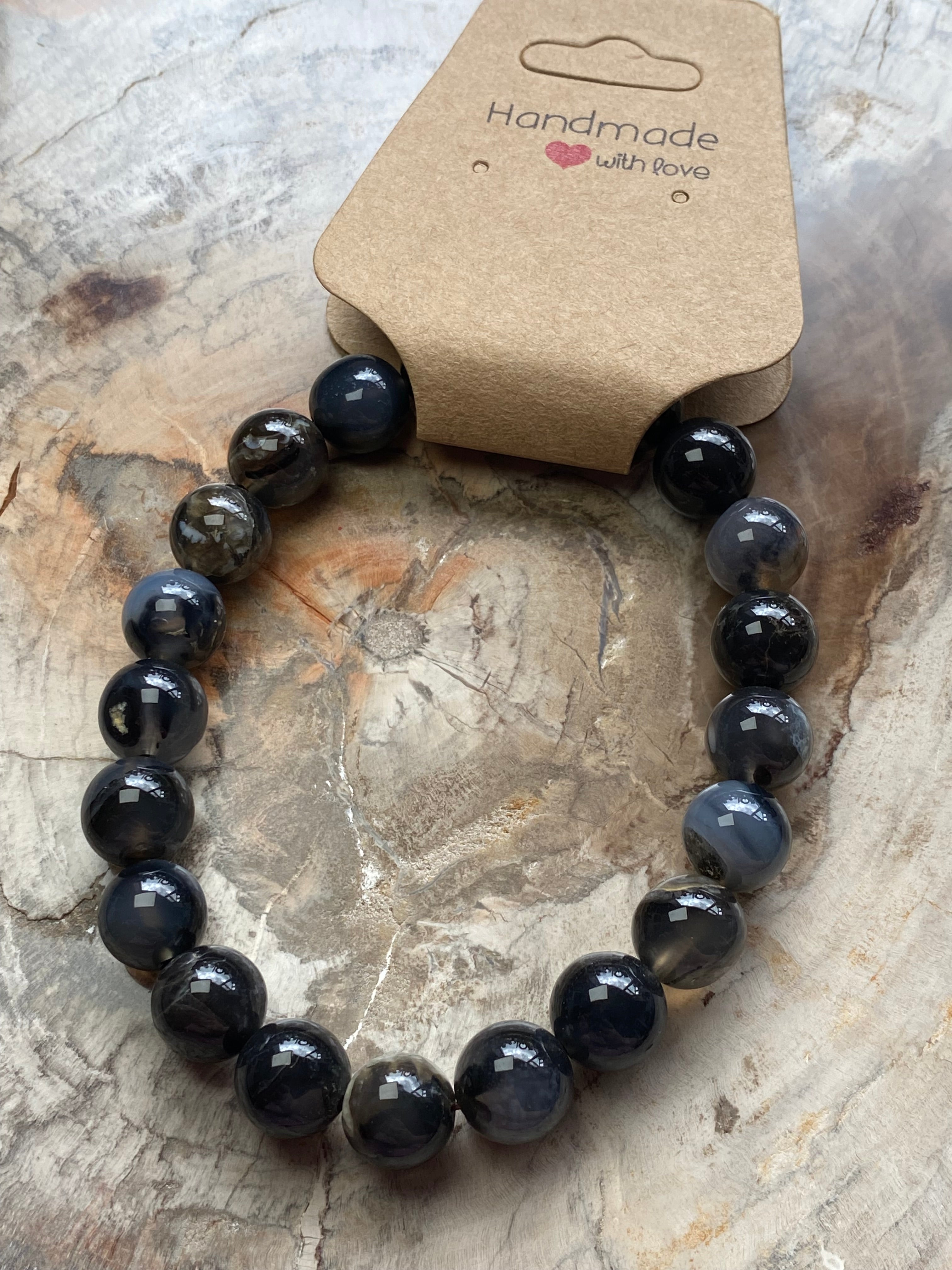 Black flower agate crystal bracelet 9mm