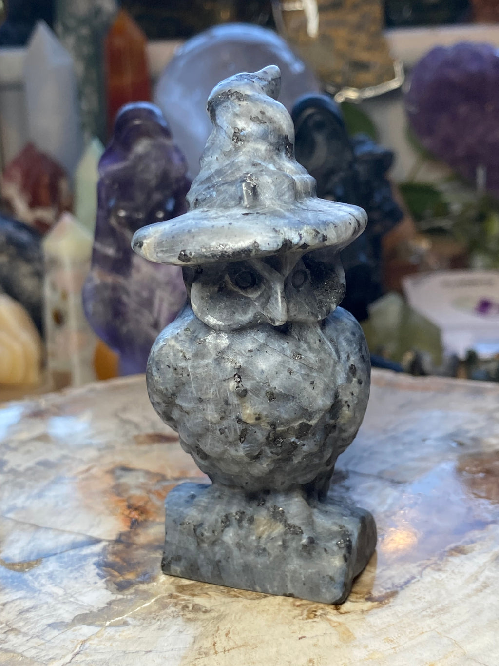 Larvakite crystal witch owl carving -Halloween