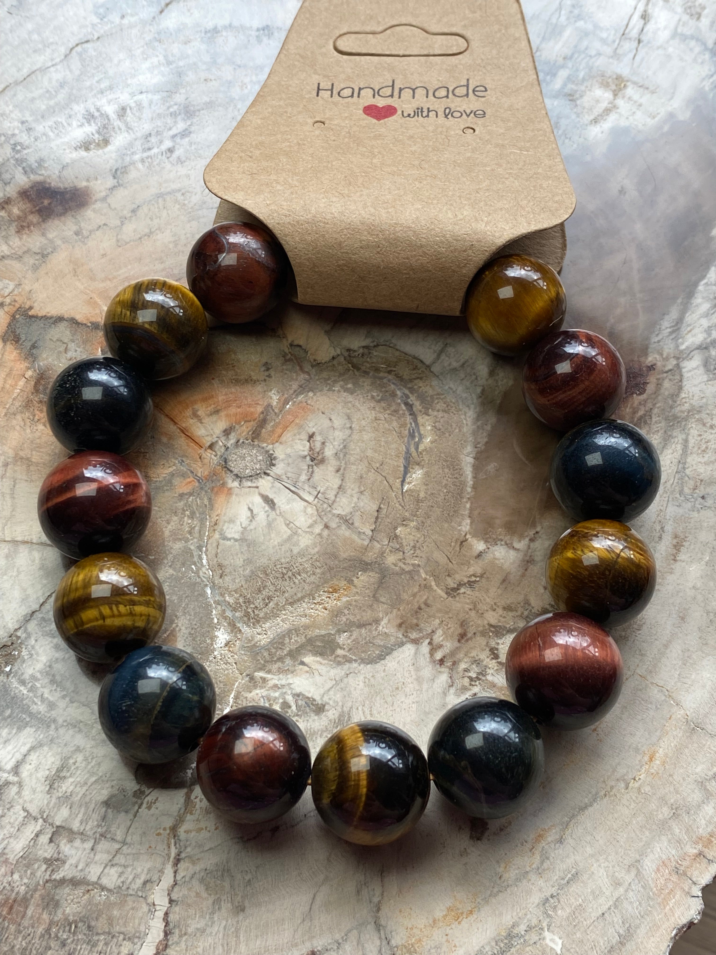 Red yellow and blue tigers eye crystal bracelet 12mm