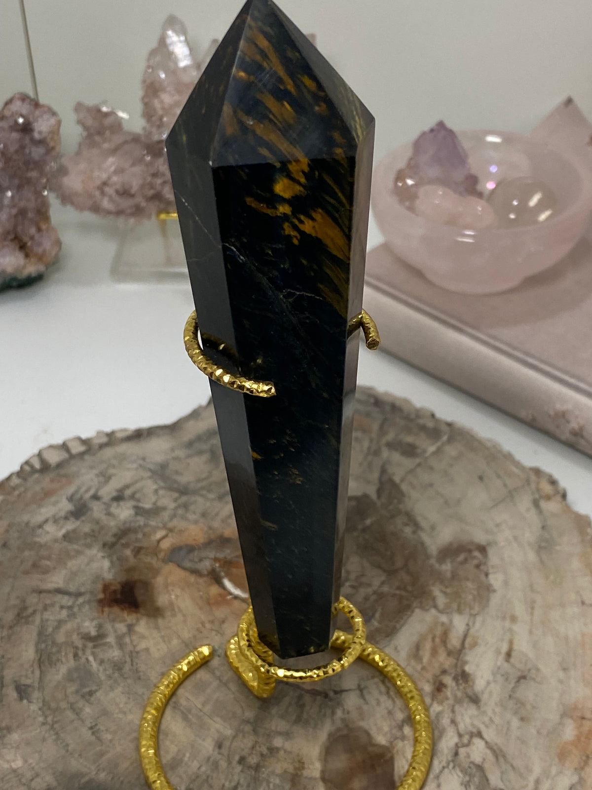 Blue tigers eye crystal wand with stand