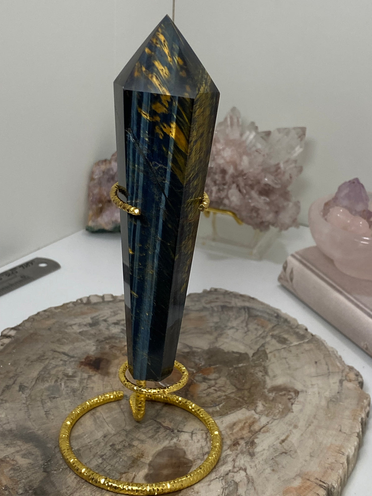 Blue tigers eye crystal wand with stand