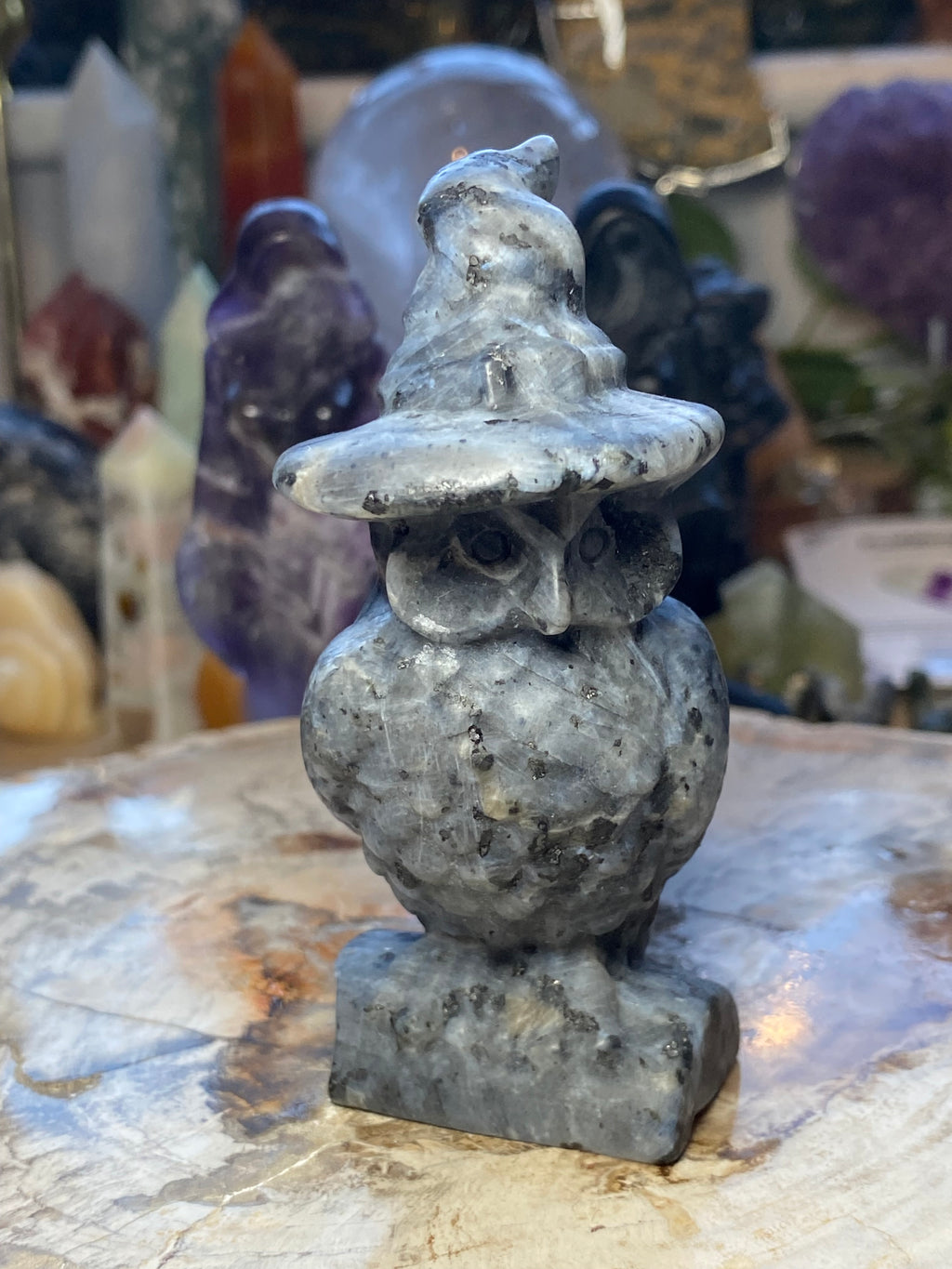 Larvakite crystal witch owl carving -Halloween