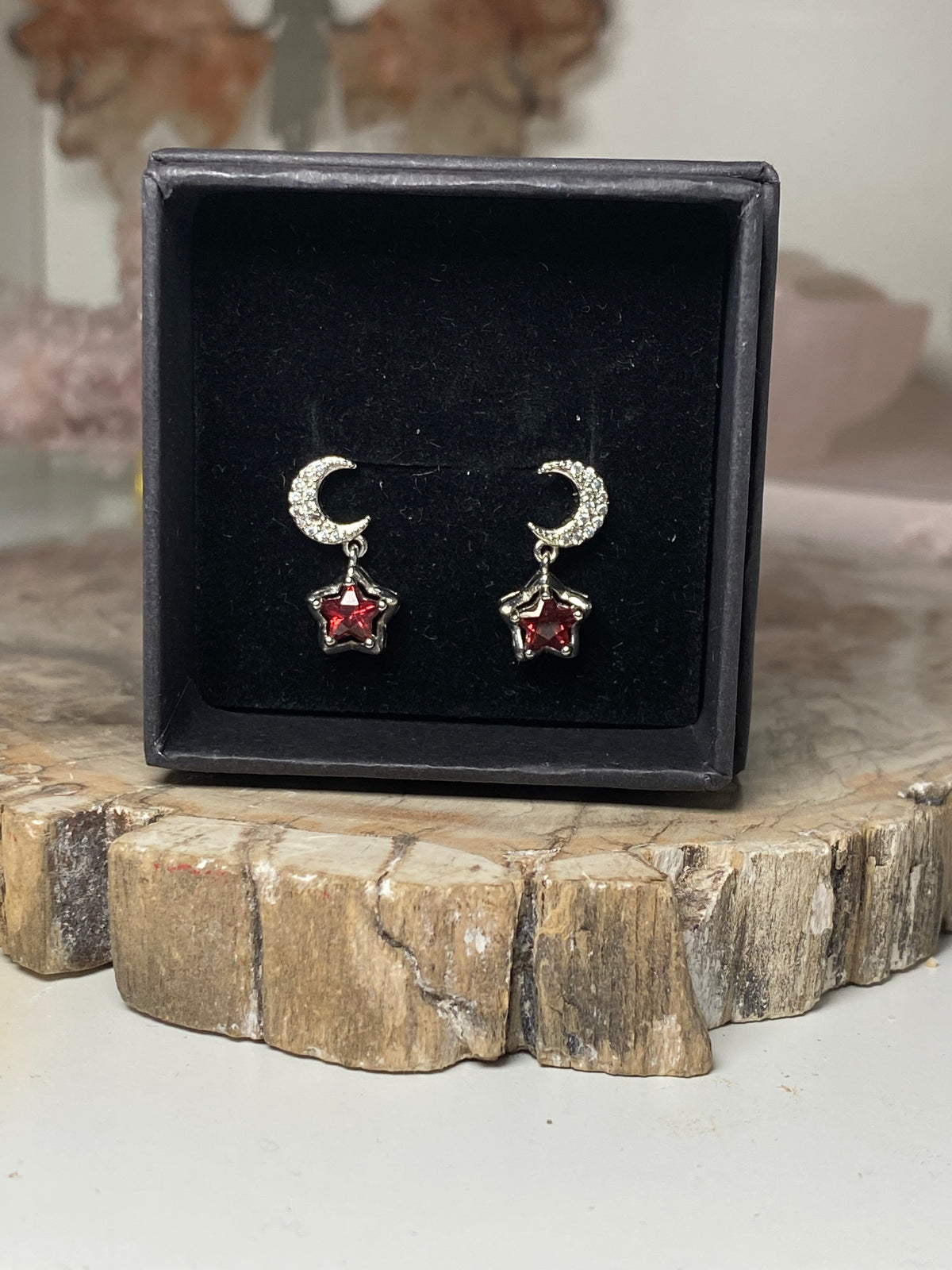 Garnet star and moon Silver Earings