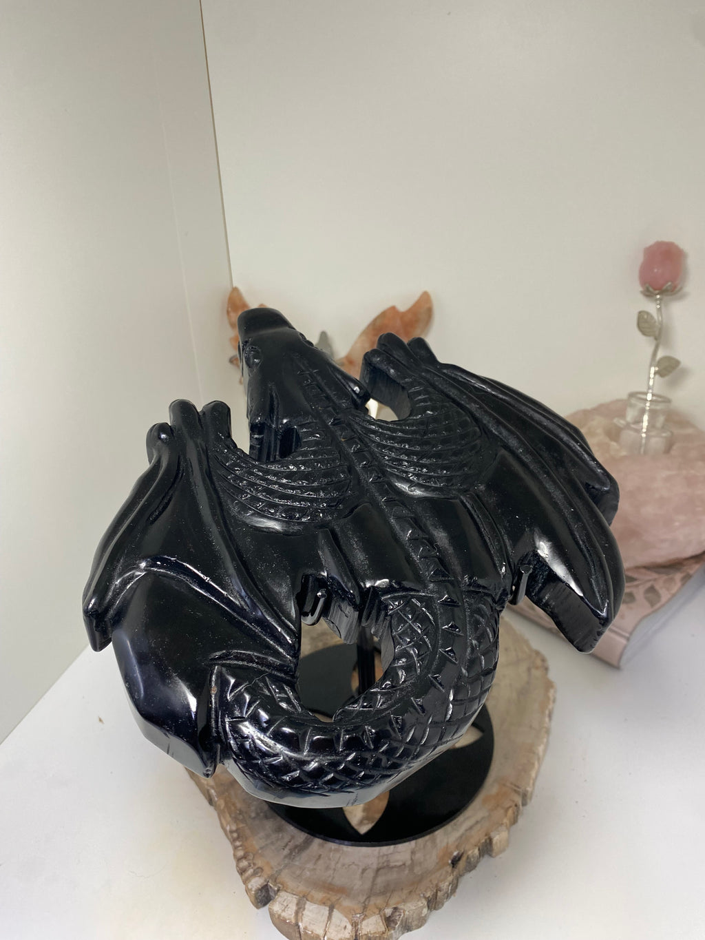 Large obsidian Dragon crystal spinning stand