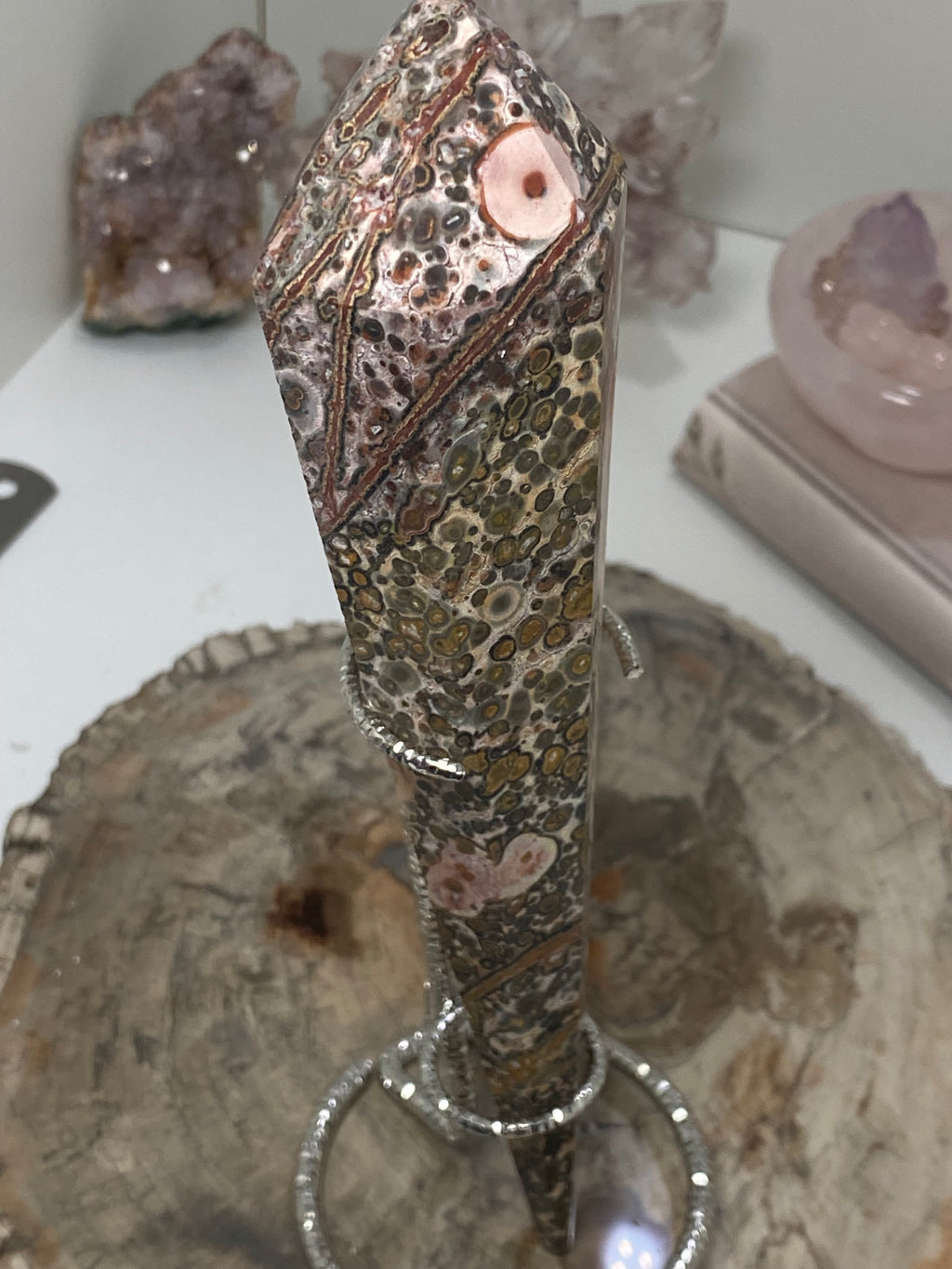 Leopard jasper crystal wand with stand