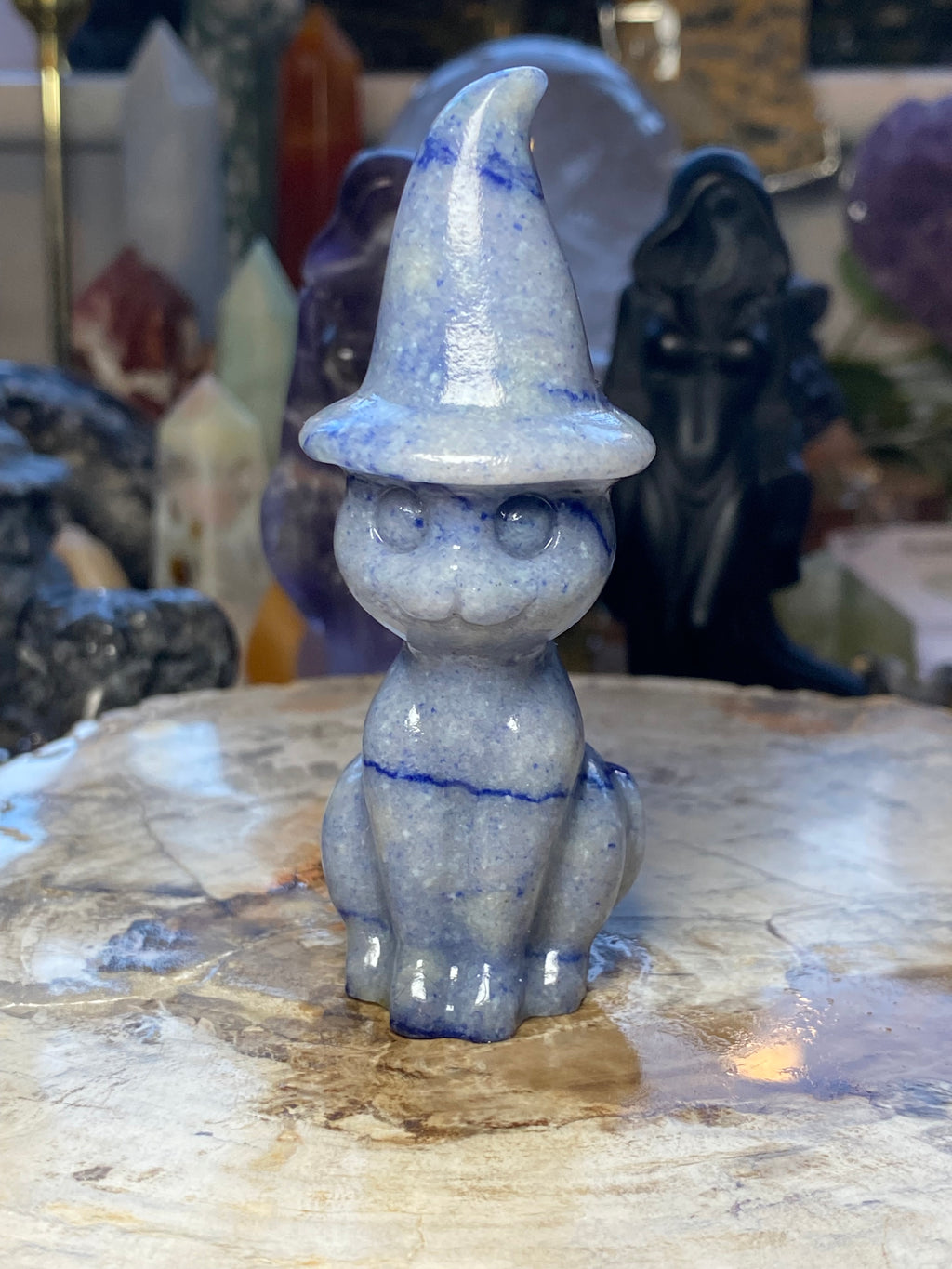 Blue Aventurine crystal witch cat carving - Halloween