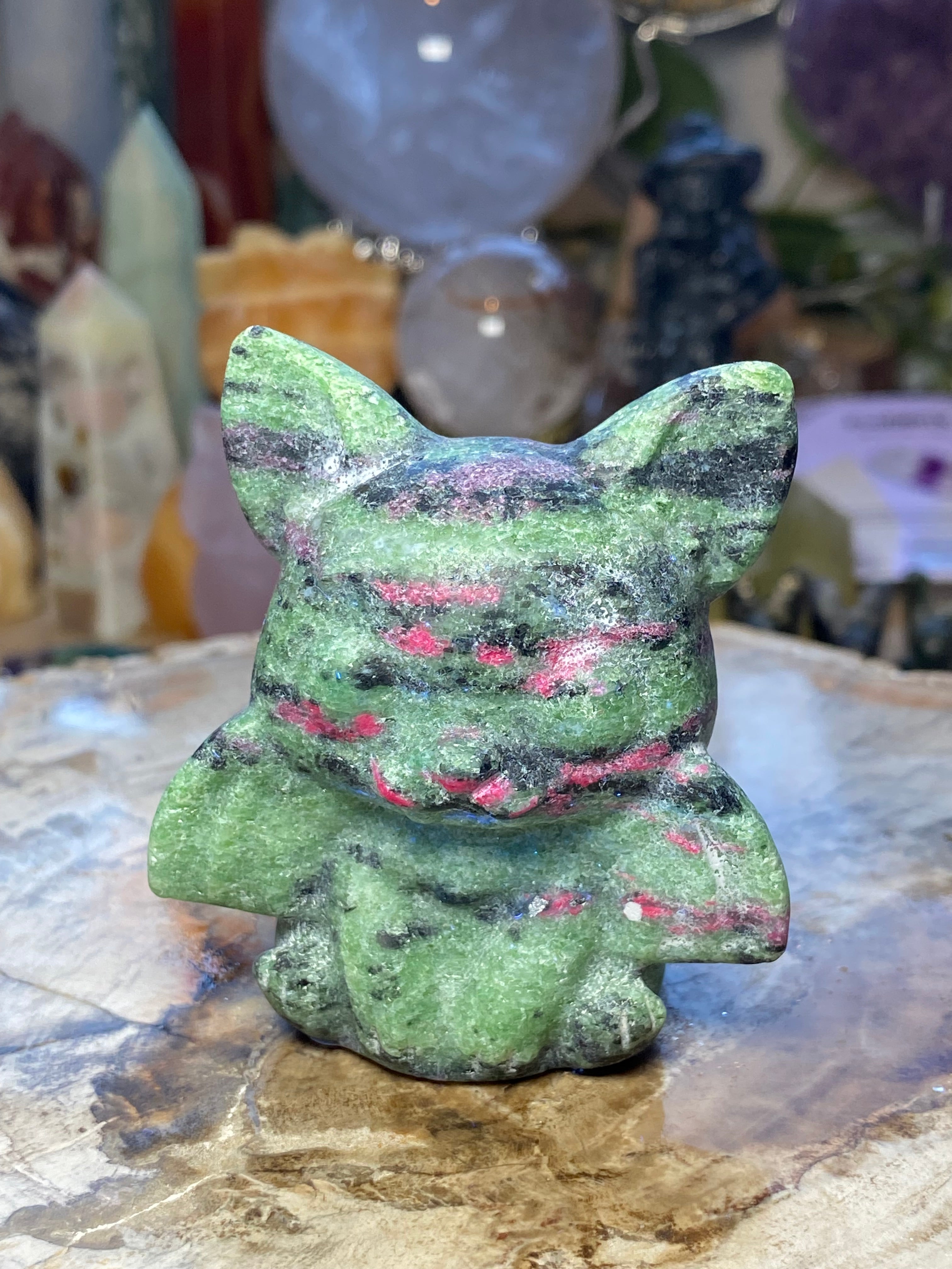 Ruby in zoisite crystal bat carving - Halloween