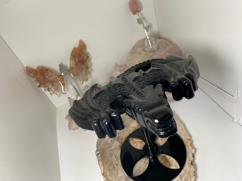 Large obsidian Dragon crystal spinning stand