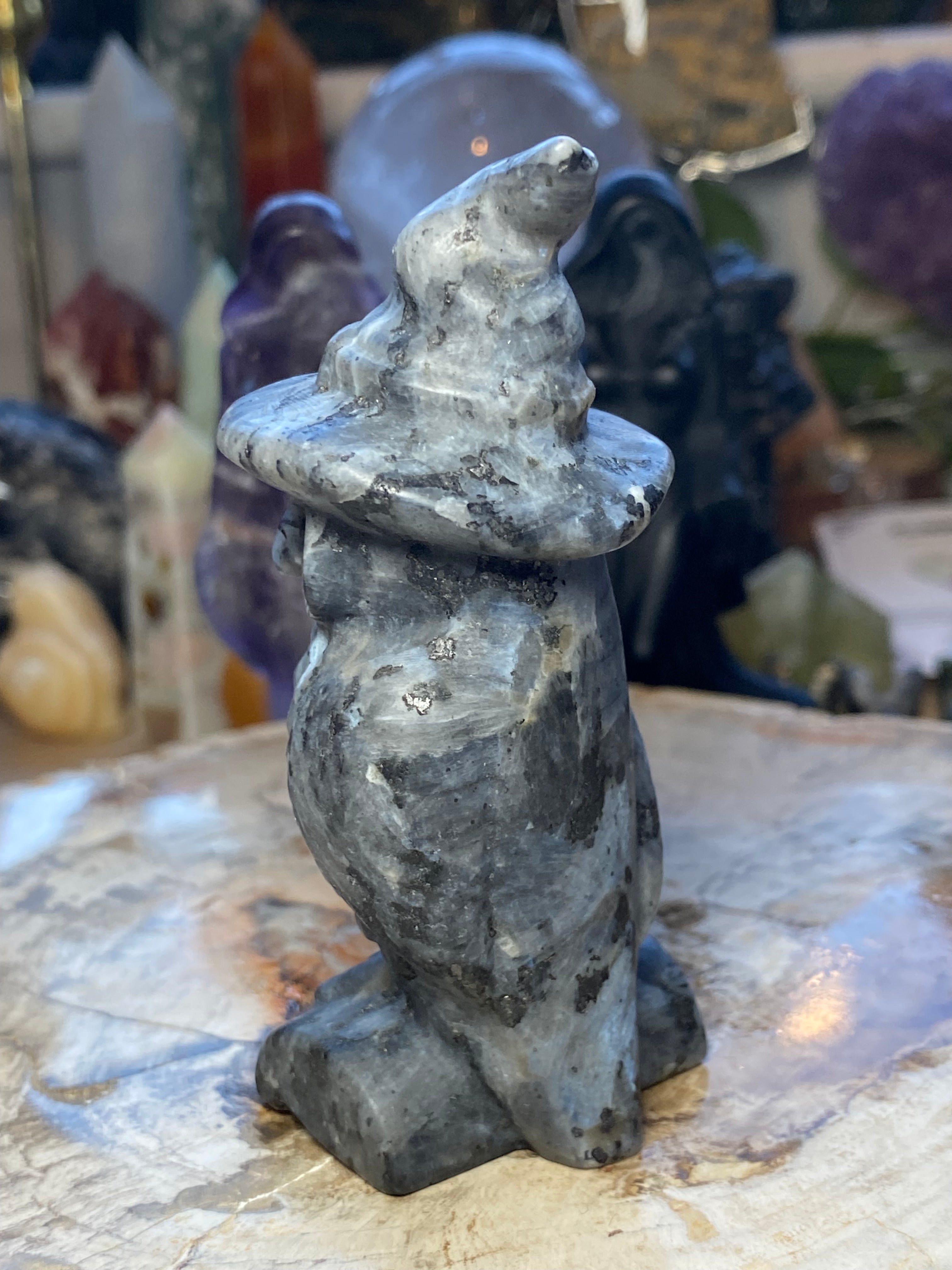 Larvakite crystal witch owl carving -Halloween