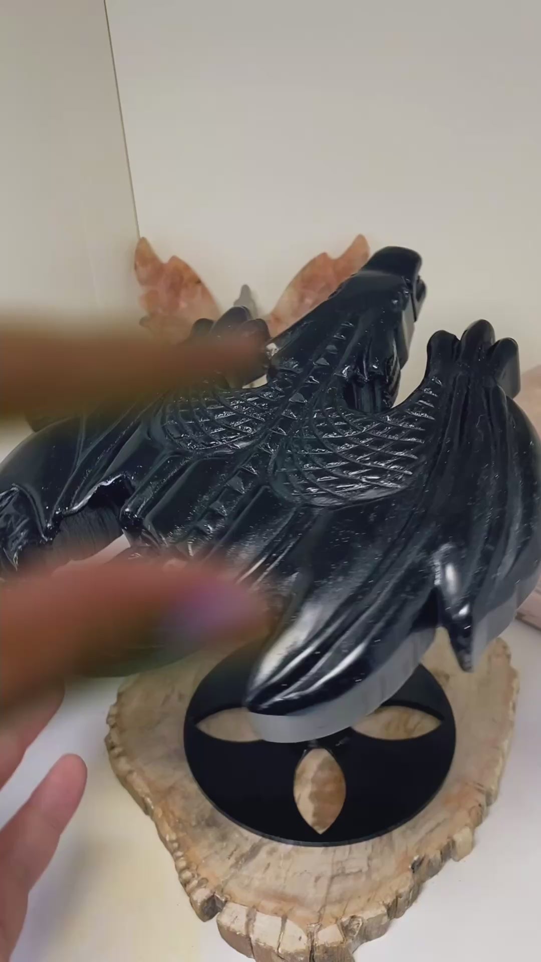 Large obsidian Dragon crystal spinning stand