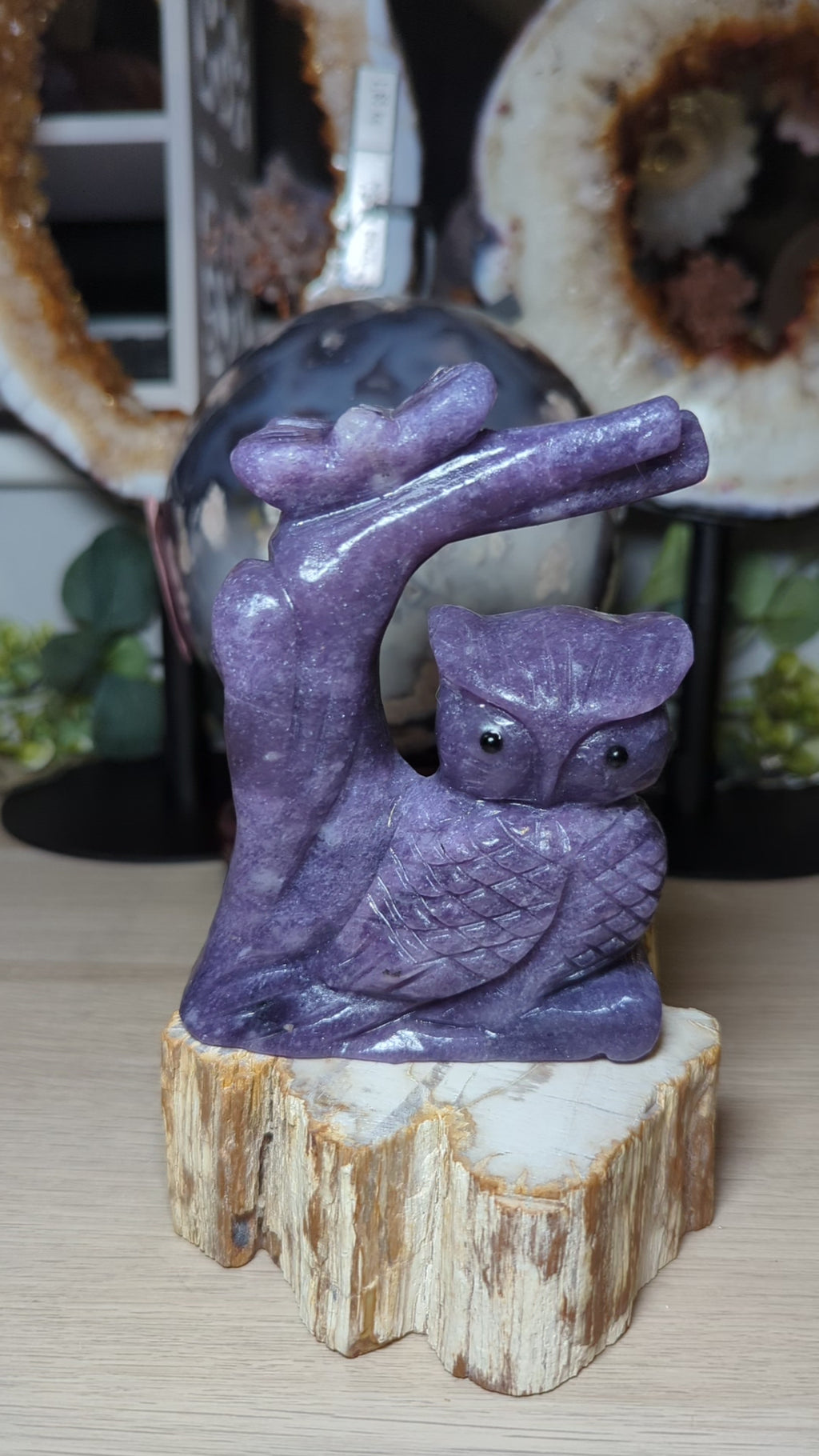 Lepidolite crystal owl with butterfly carving