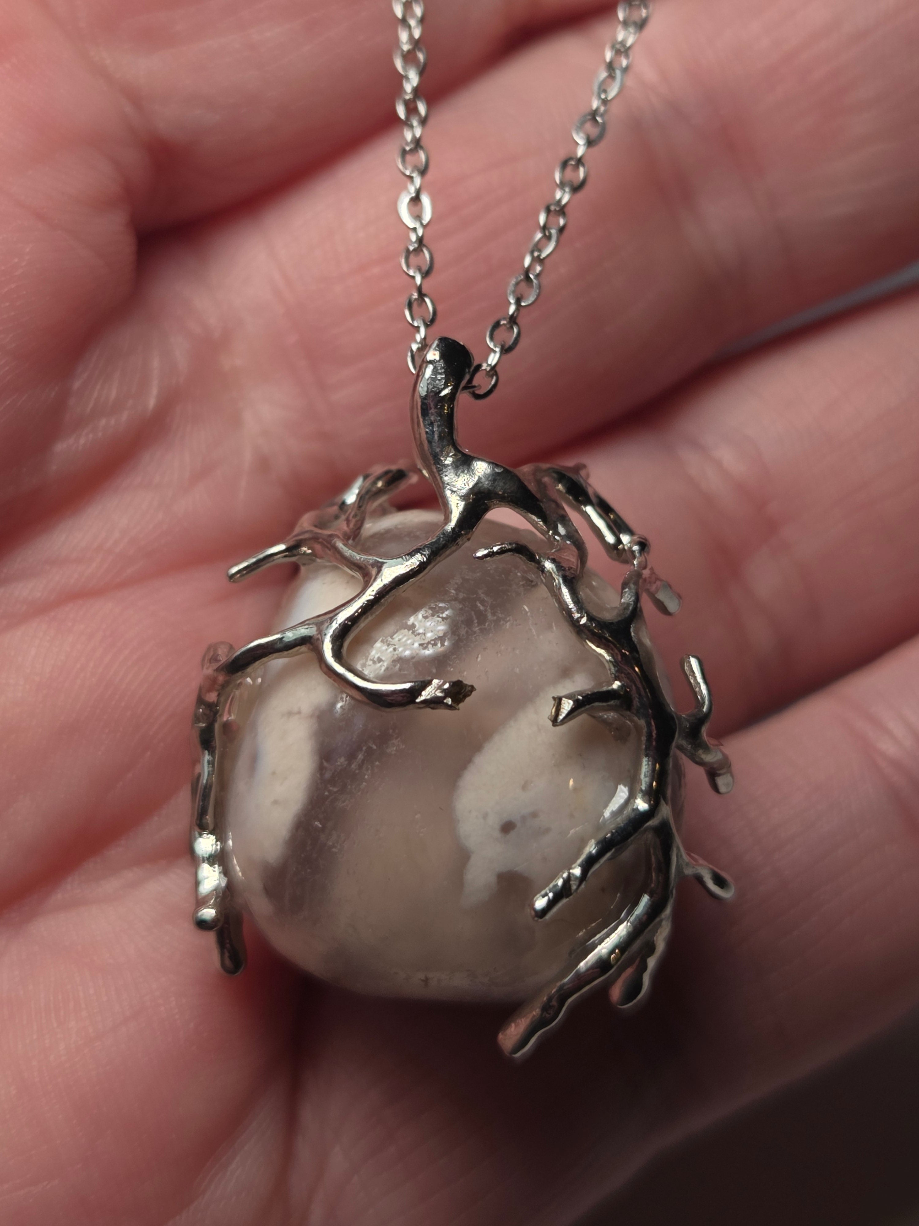 Pink flower agate crystal necklace