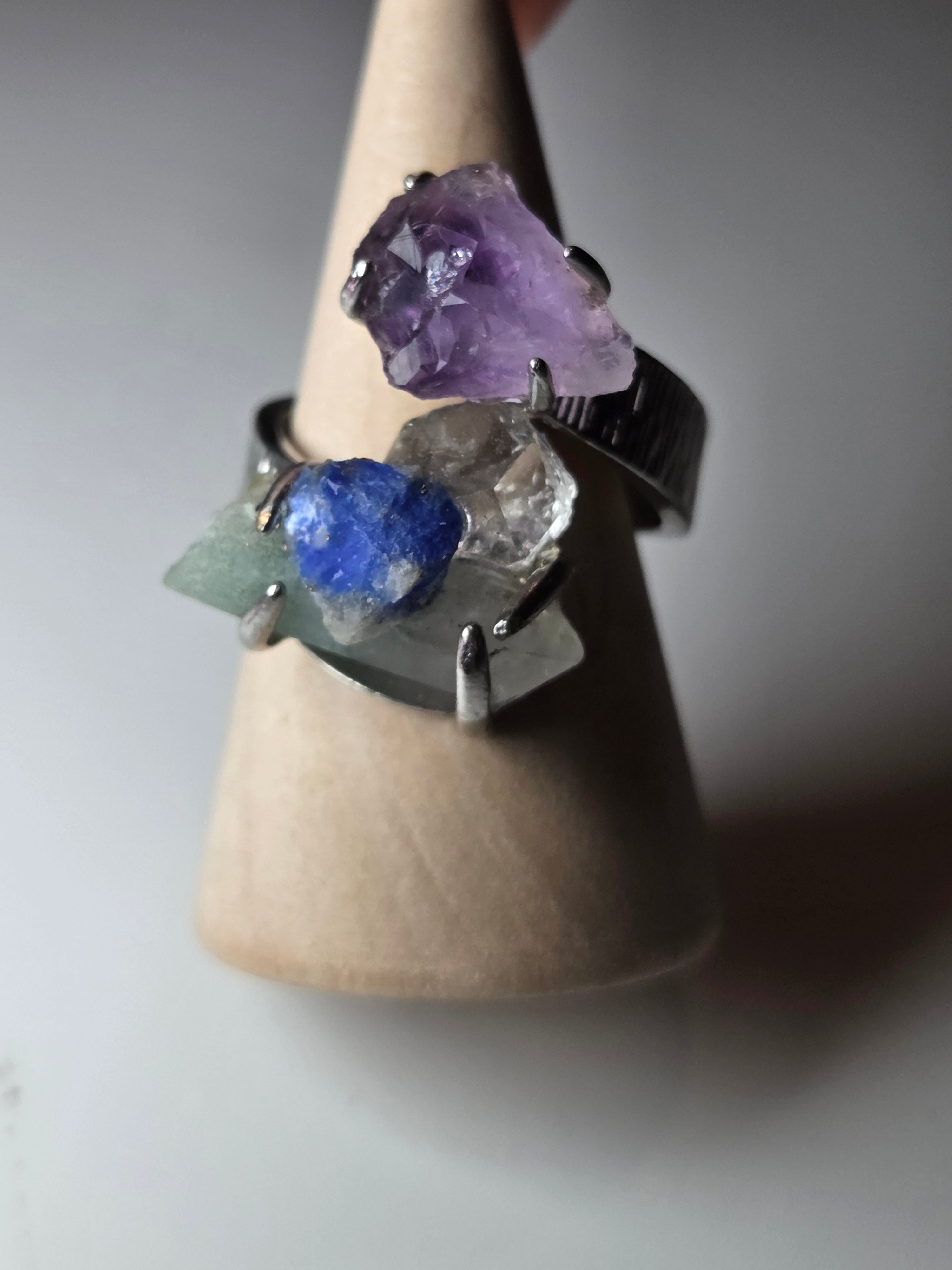 Specimen adjustable ring  amethyst garden quartz lapis lazuli and quartz