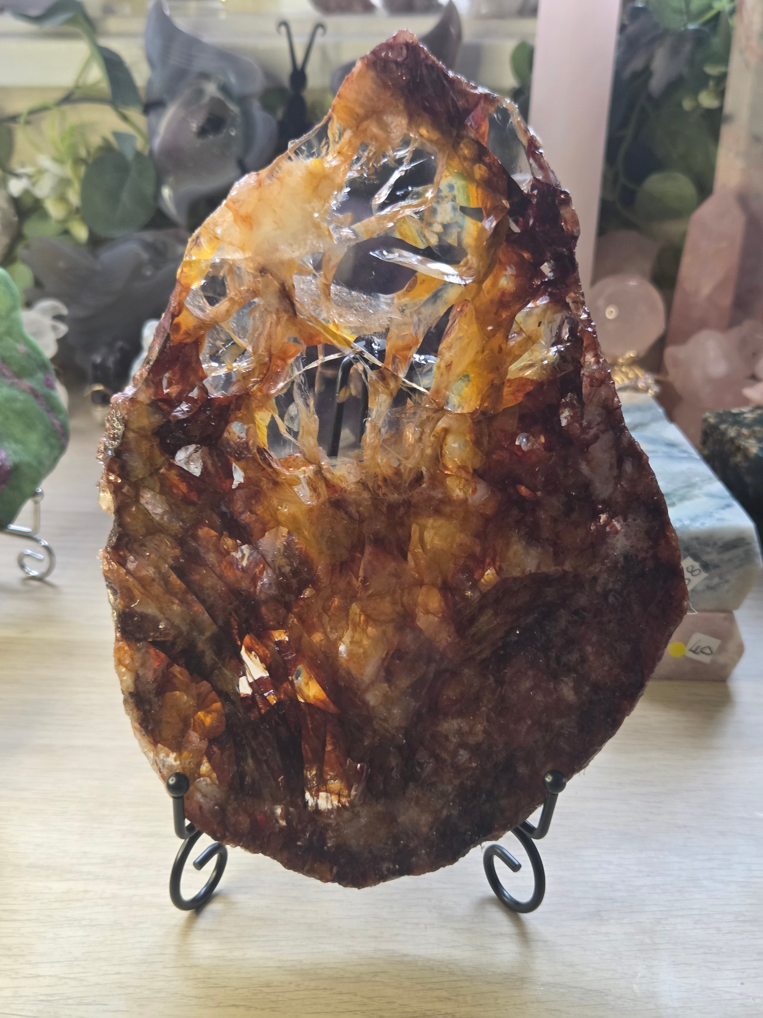 XL Grade A A fire quartz crystal slice with stand