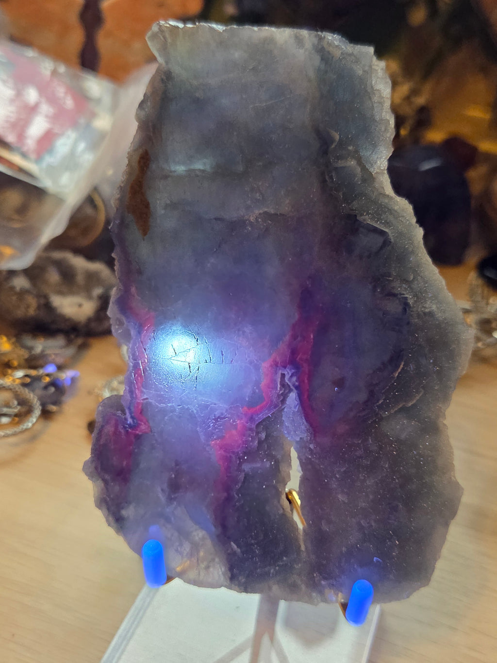 Blue flourite crystal slice with stand red UV reactive and sugar duzy