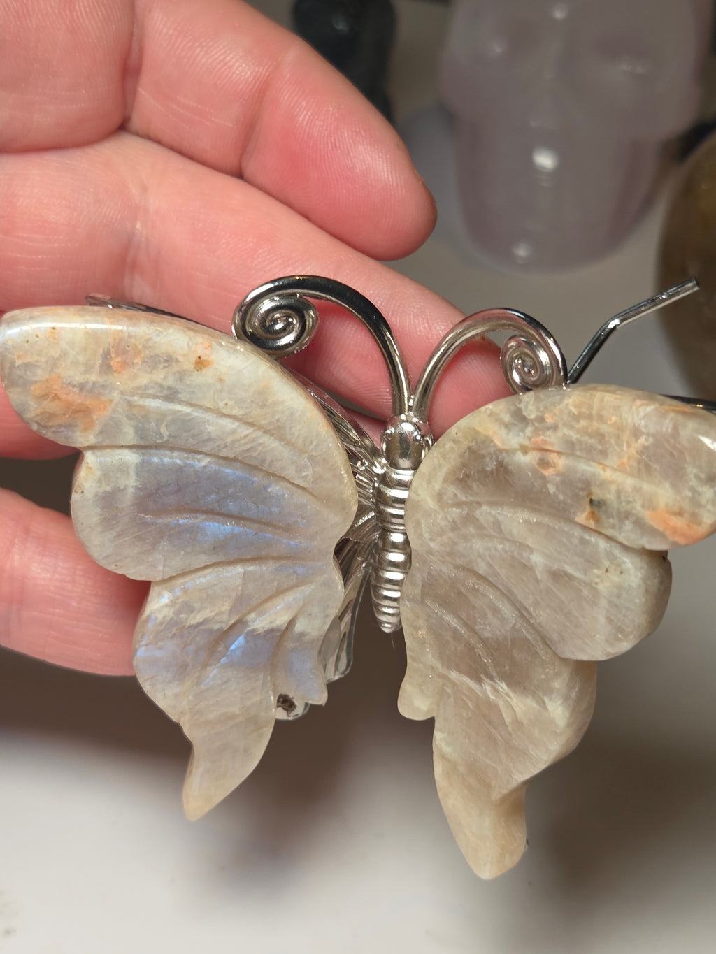 Rainbow moonstone crystal butterfly carving