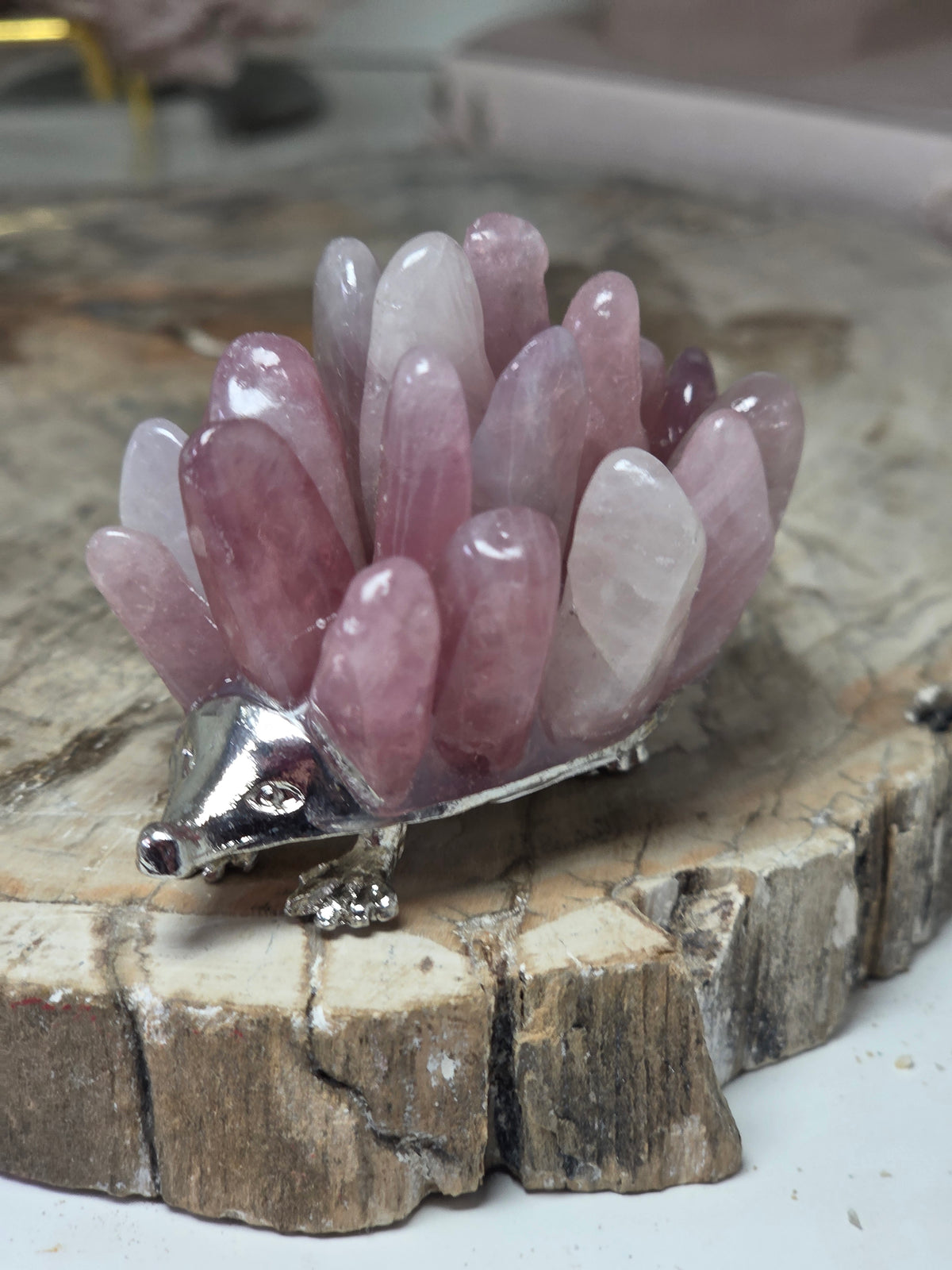 Rose quartz crystal hedgehog carving