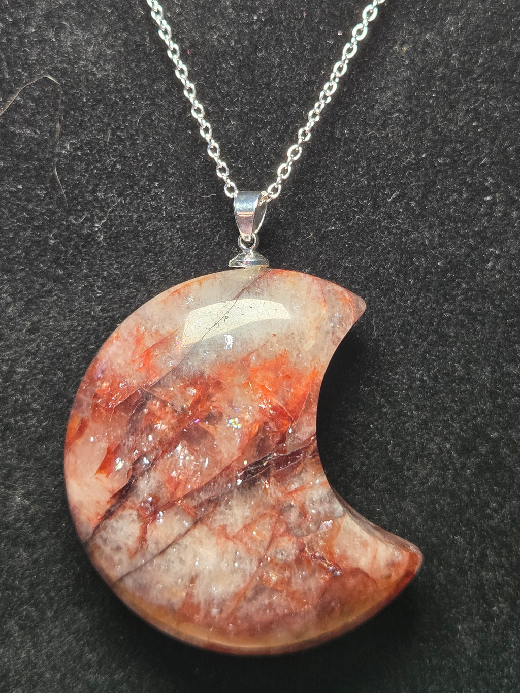 S925 Fire quartz crystal large  moon pendant