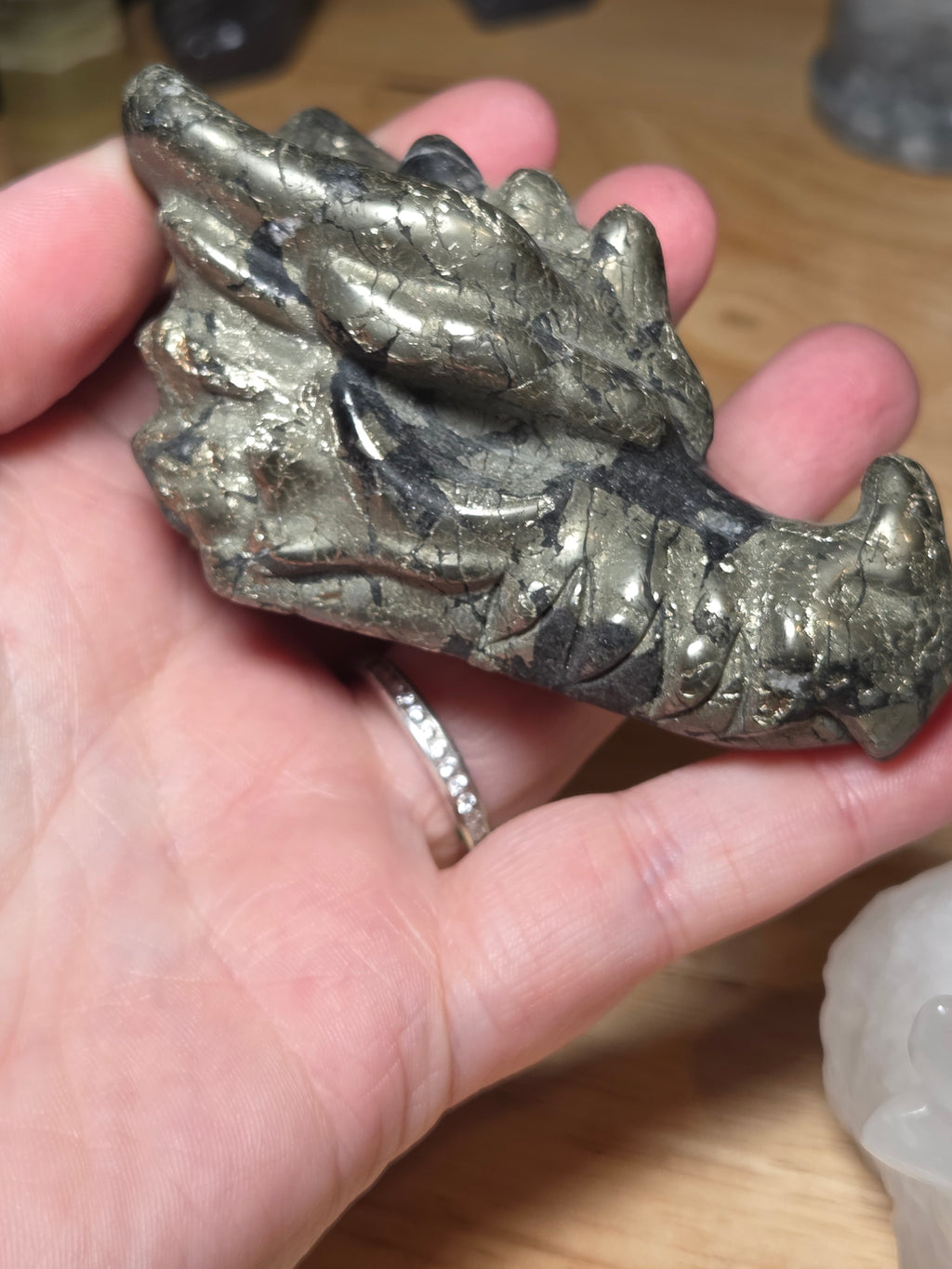 Medium pyrite crystal dragon head carving