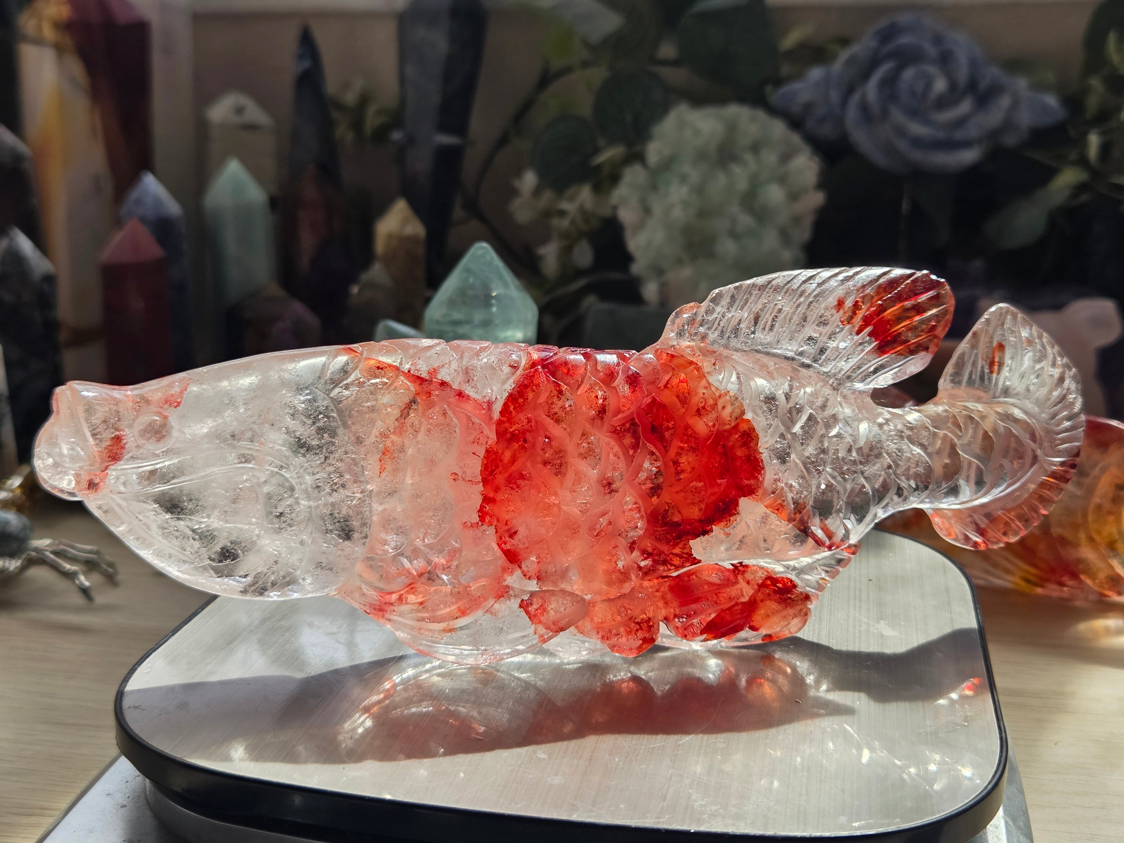 Madagascar fire quartz crystal fish carving