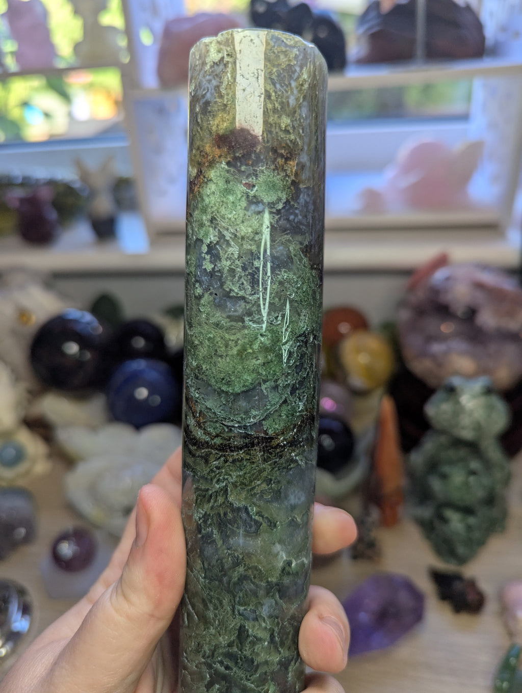 Moss agate crystal bracelet stand