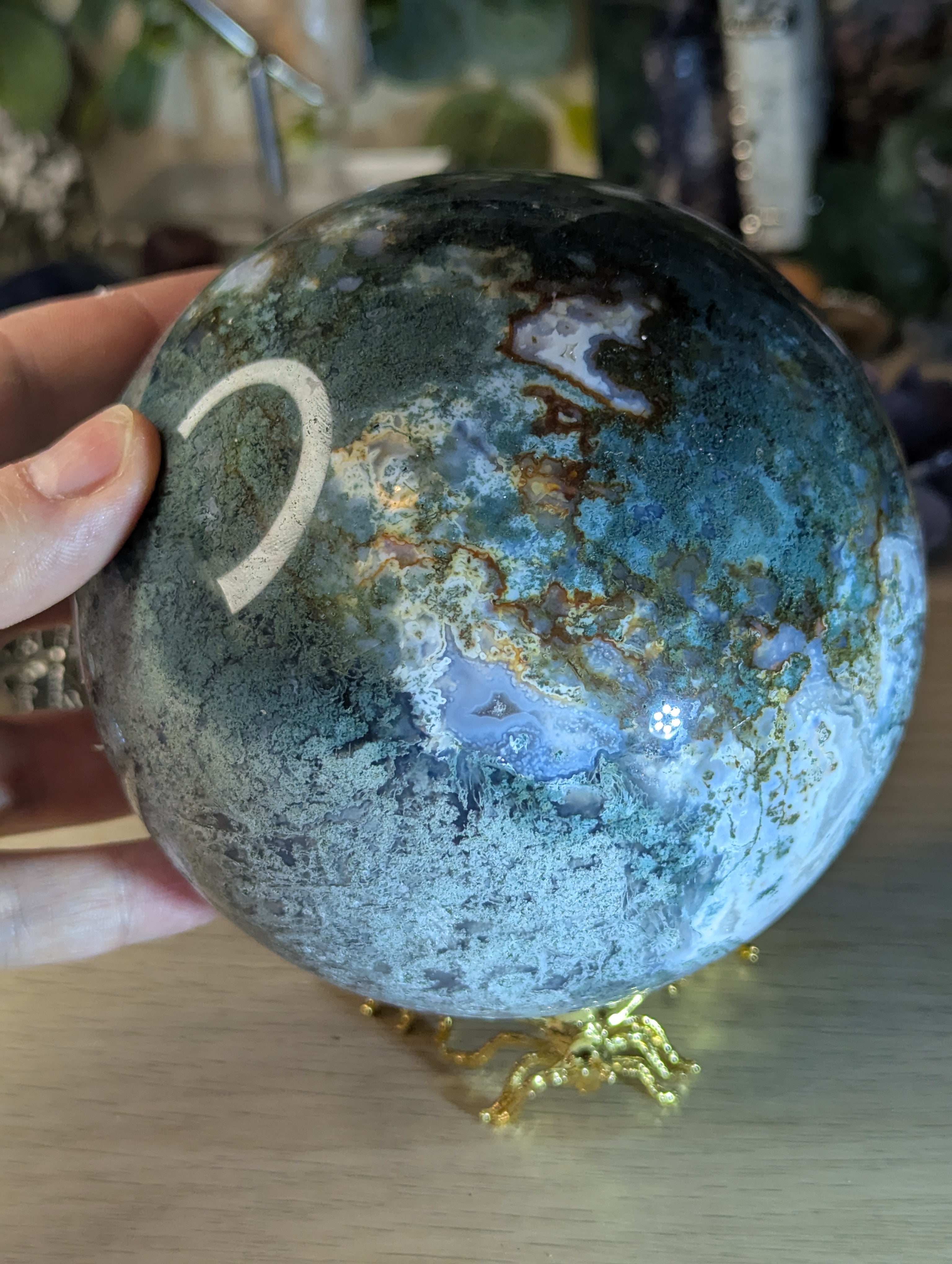 New 50% off on check out XL Moss Agate crystal sphere with stand over 13cm